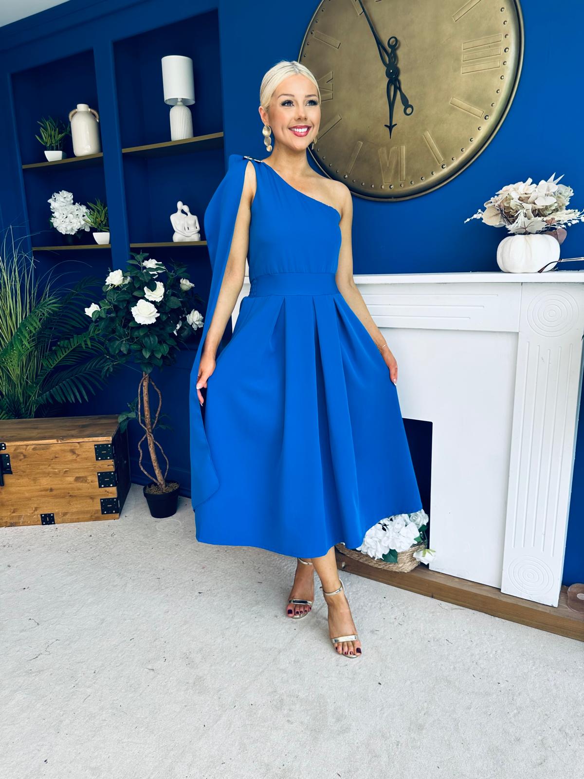 Claire One Shoulder Drape Detail Midi Dress Cobalt