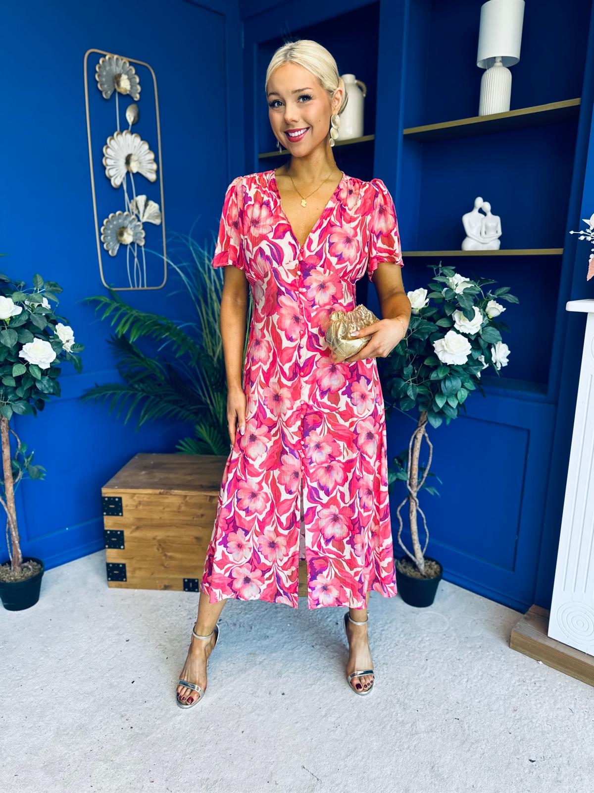 Georgi Detailed Midi Shirt Dress Floral Pink