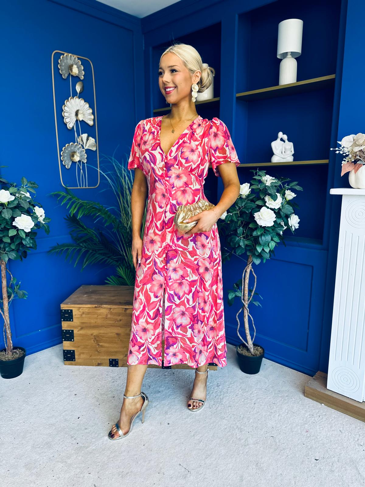 Georgi Detailed Midi Shirt Dress Floral Pink