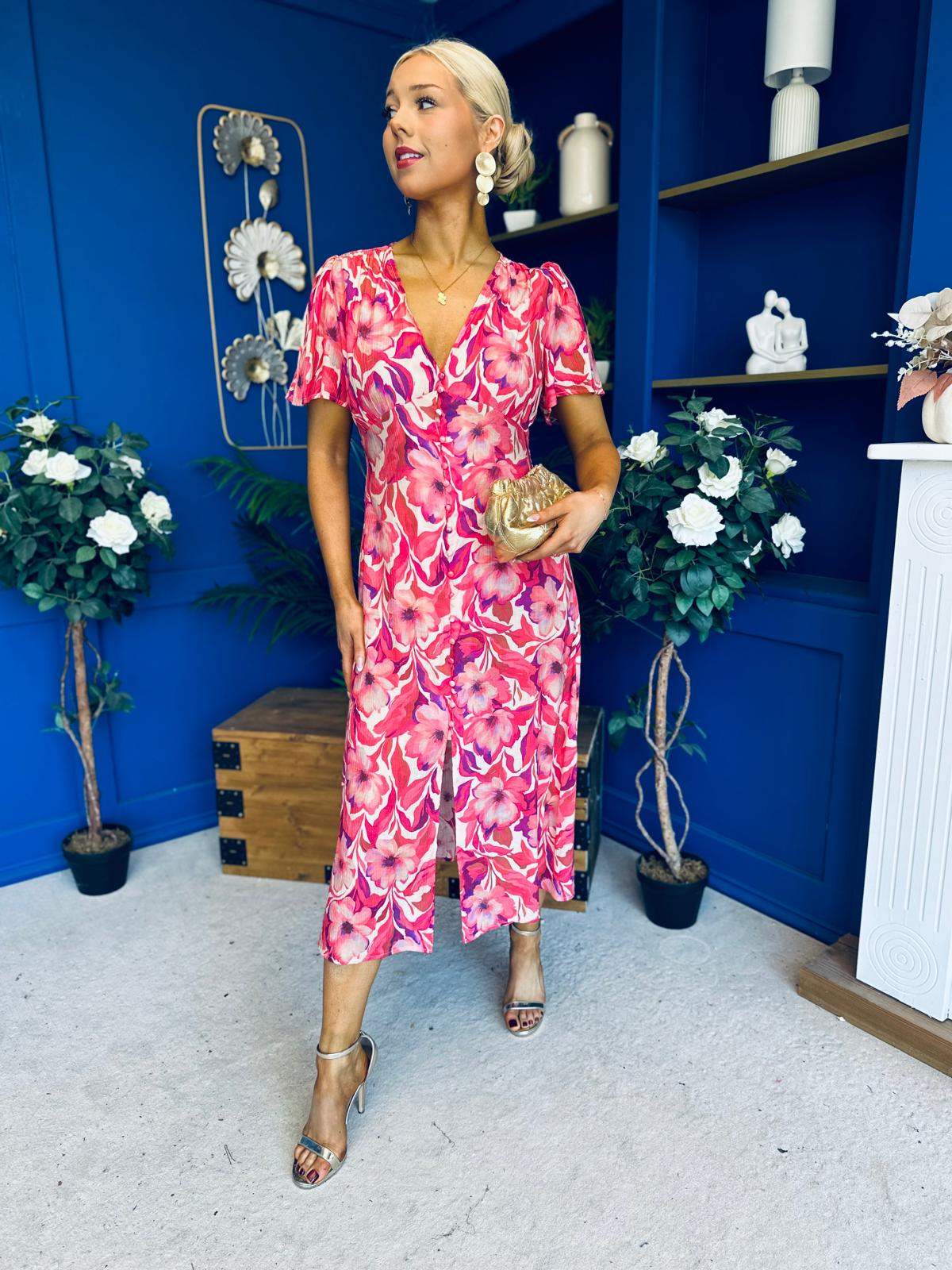 Georgi Detailed Midi Shirt Dress Floral Pink