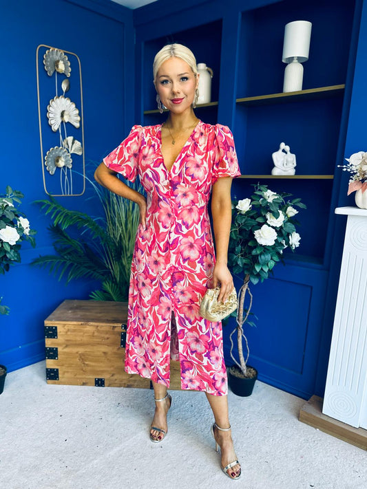 Georgi Detailed Midi Shirt Dress Floral Pink
