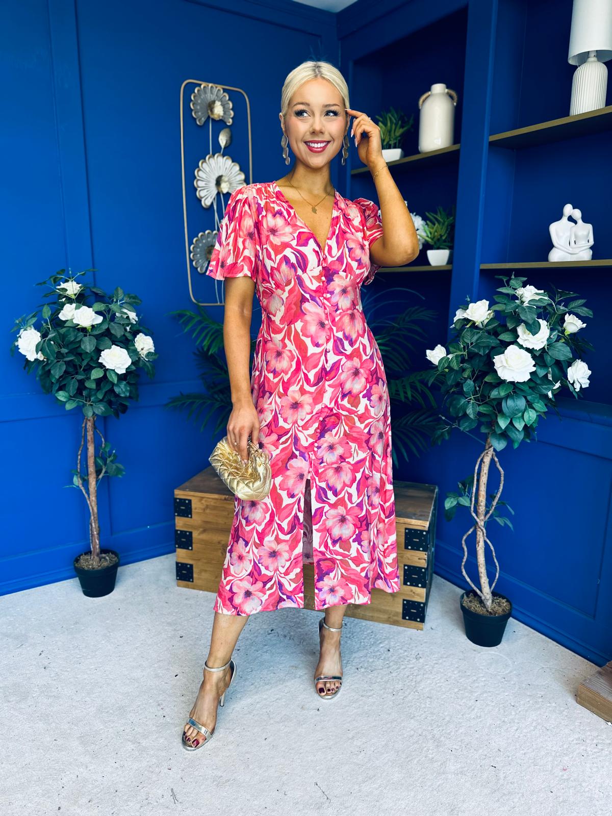 Georgi Detailed Midi Shirt Dress Floral Pink
