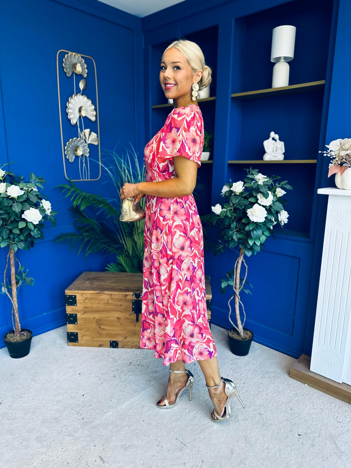 Georgi Detailed Midi Shirt Dress Floral Pink