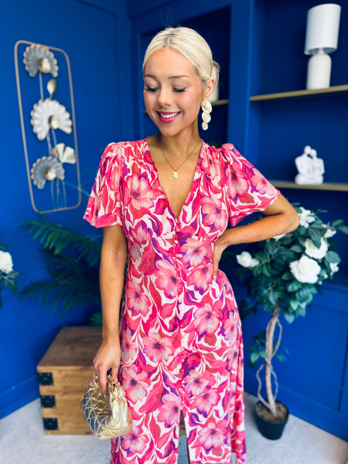 Georgi Detailed Midi Shirt Dress Floral Pink