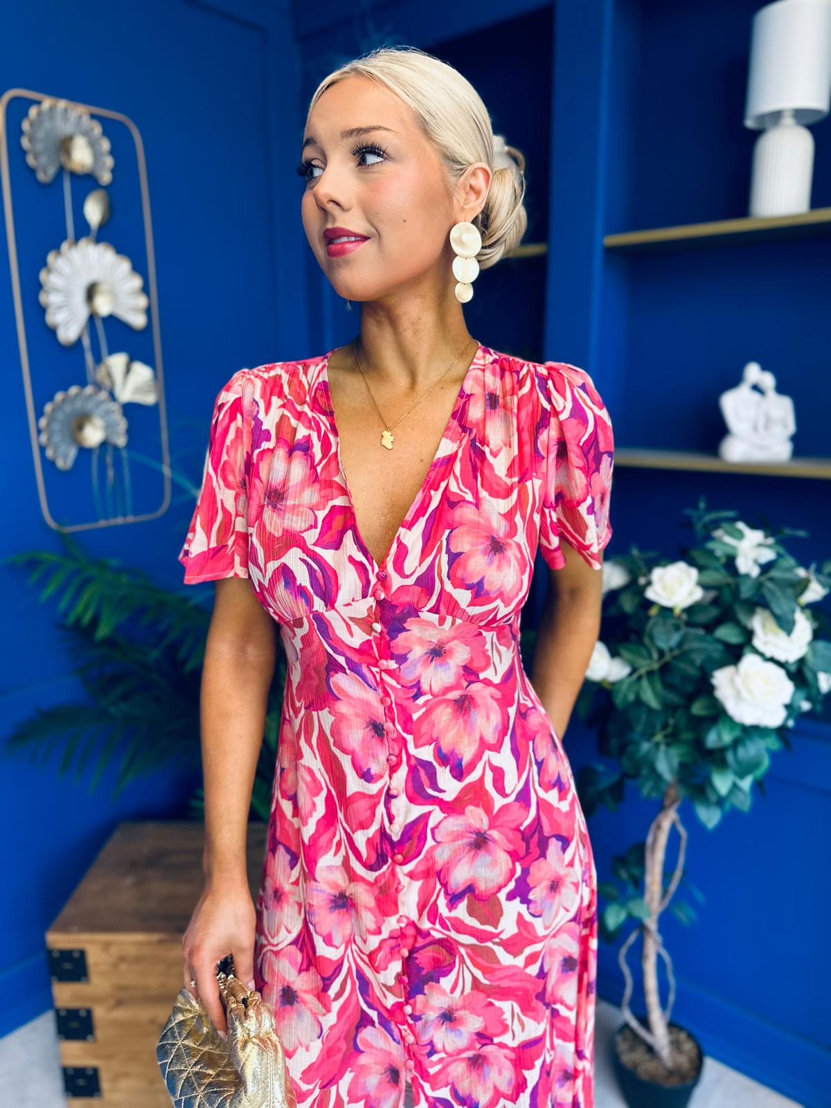 Georgi Detailed Midi Shirt Dress Floral Pink