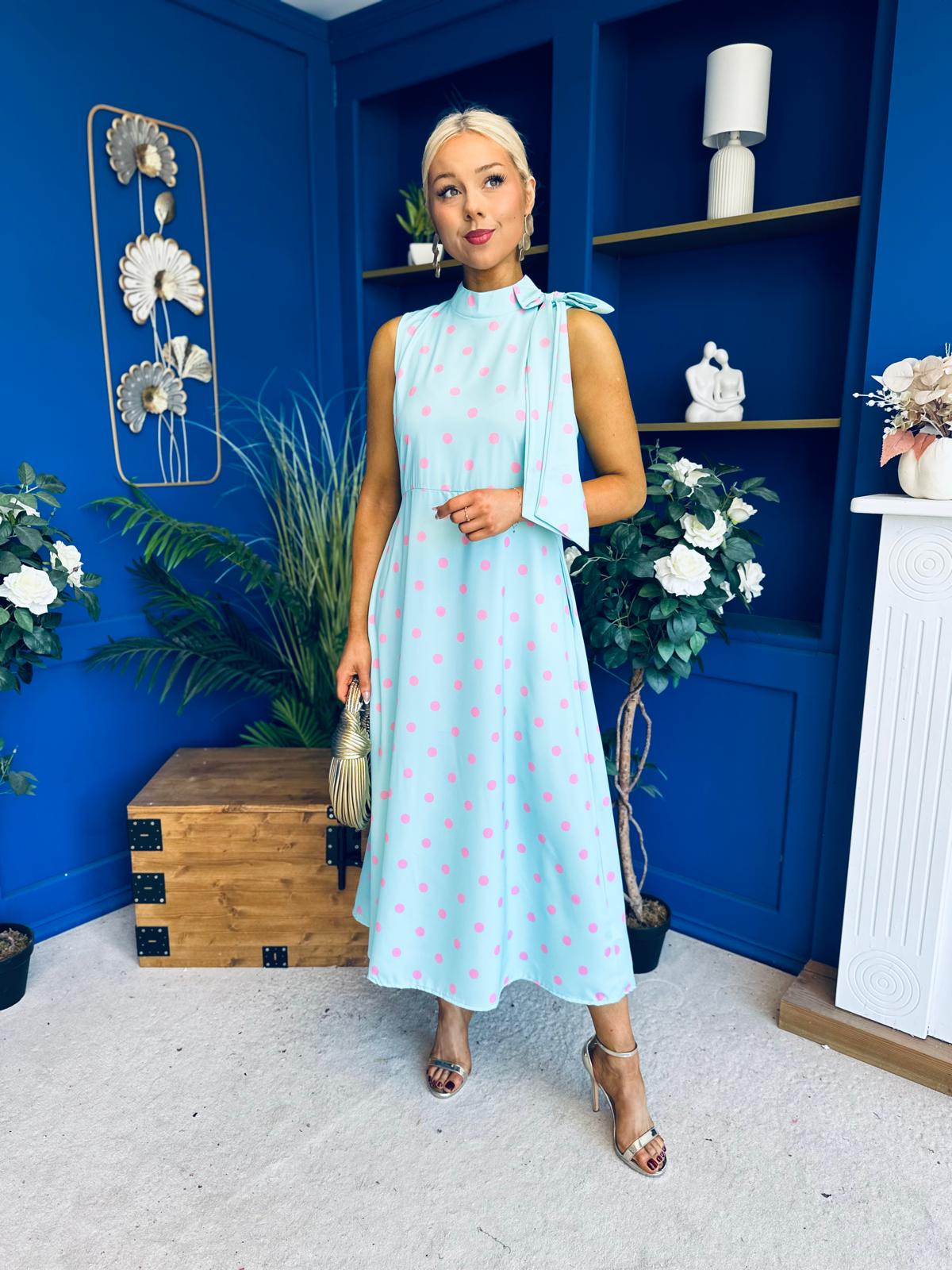Rita High Neck Bow Detail Midi Dress Polka Green
