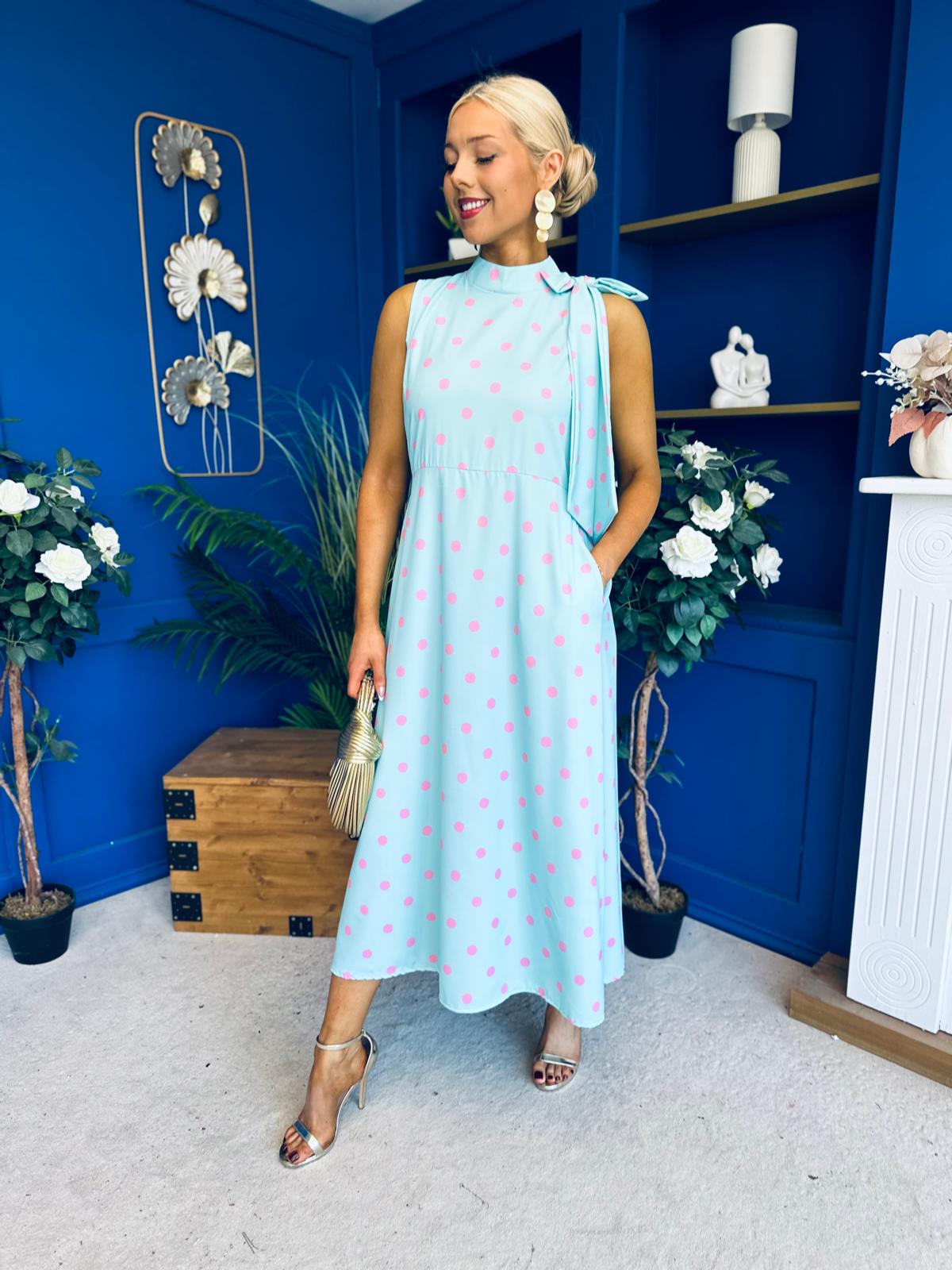 Rita High Neck Bow Detail Midi Dress Polka Green