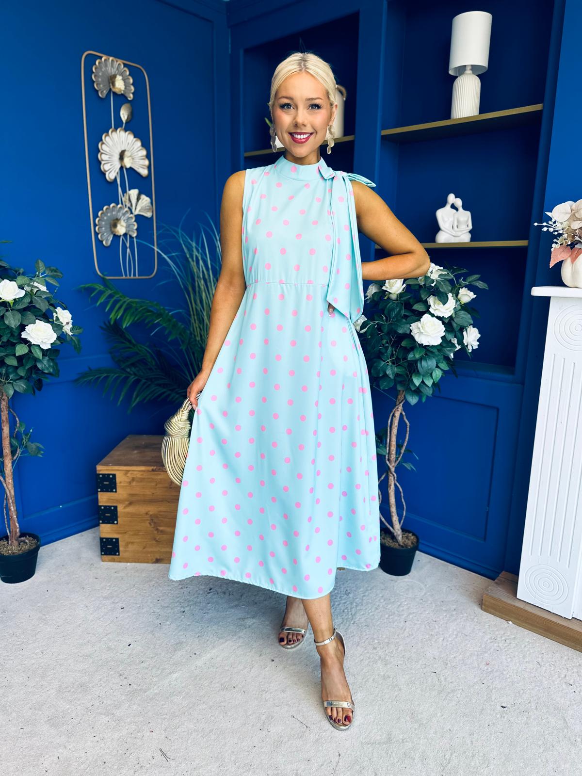 Rita High Neck Bow Detail Midi Dress Polka Green