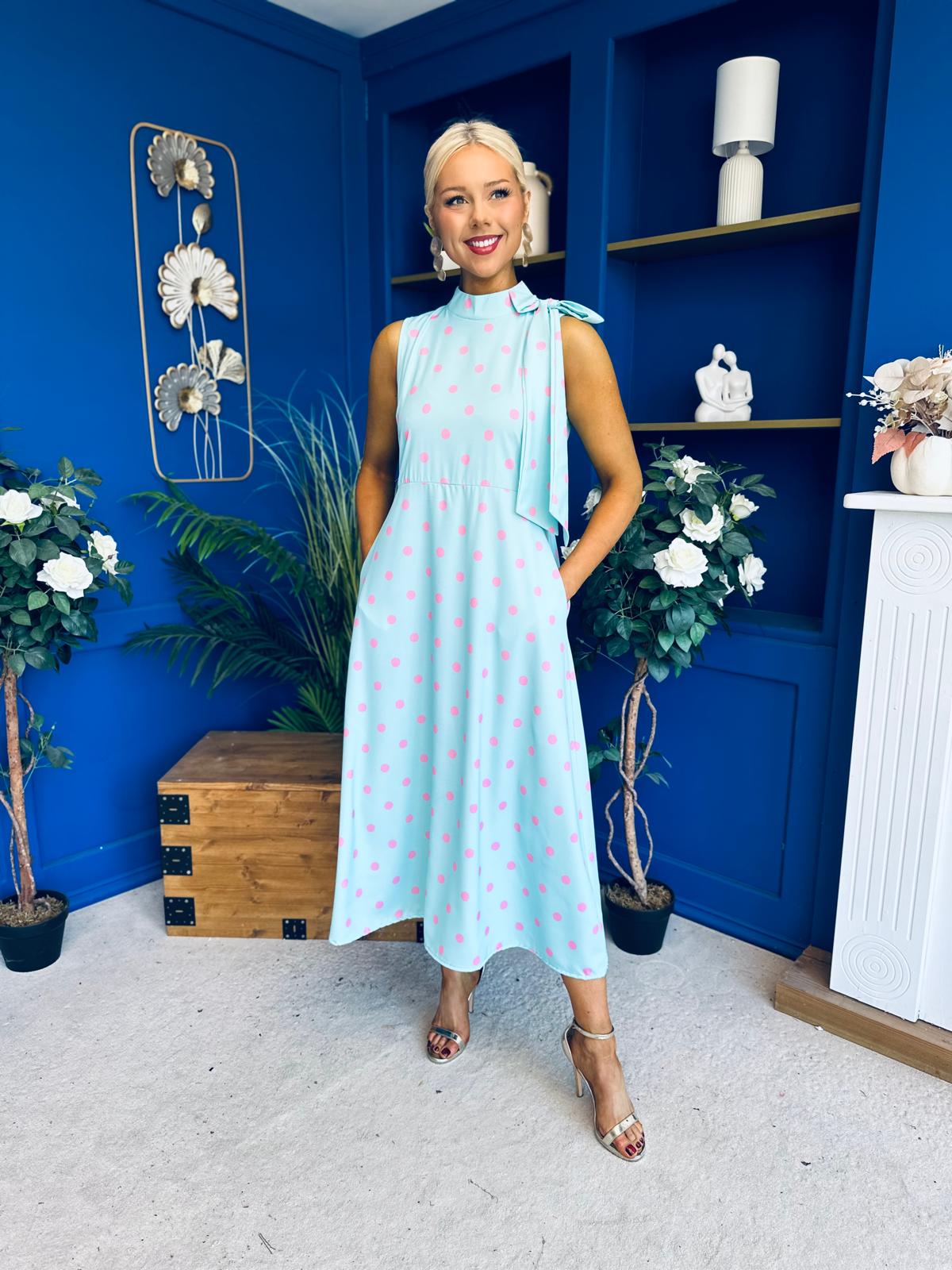 Rita High Neck Bow Detail Midi Dress Polka Green