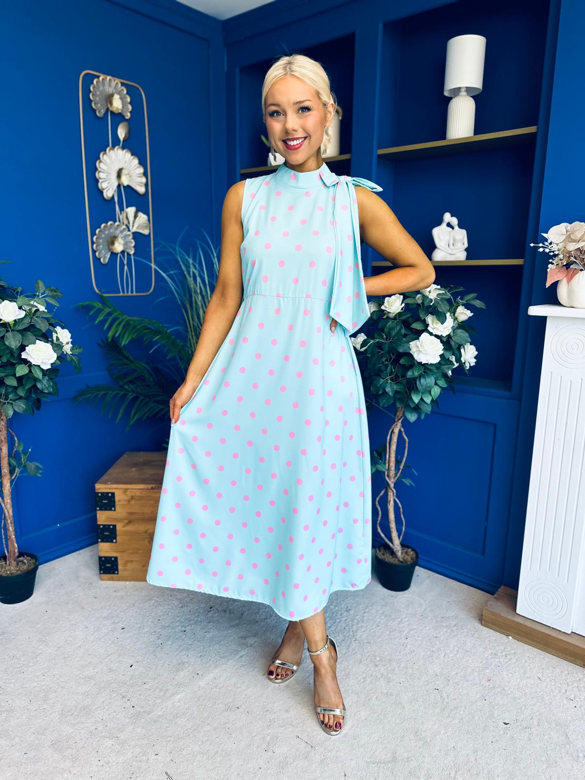 Rita High Neck Bow Detail Midi Dress Polka Green