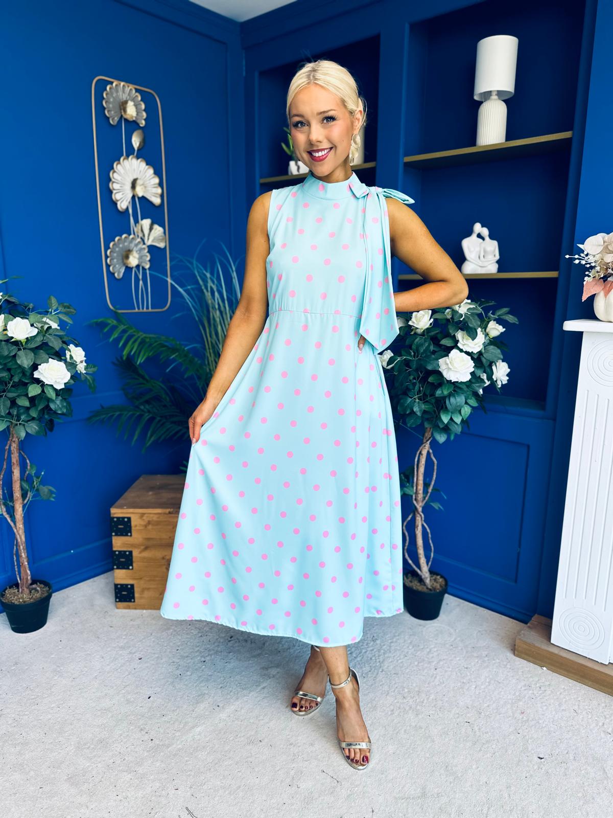 Rita High Neck Bow Detail Midi Dress Polka Green