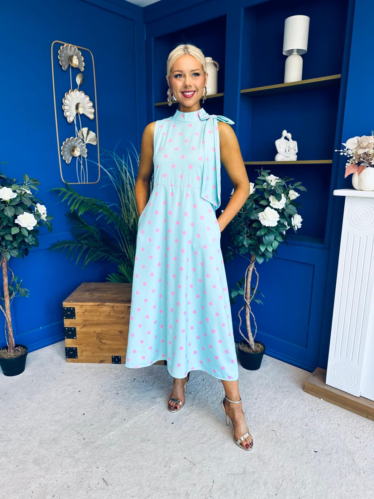 Rita High Neck Bow Detail Midi Dress Polka Green