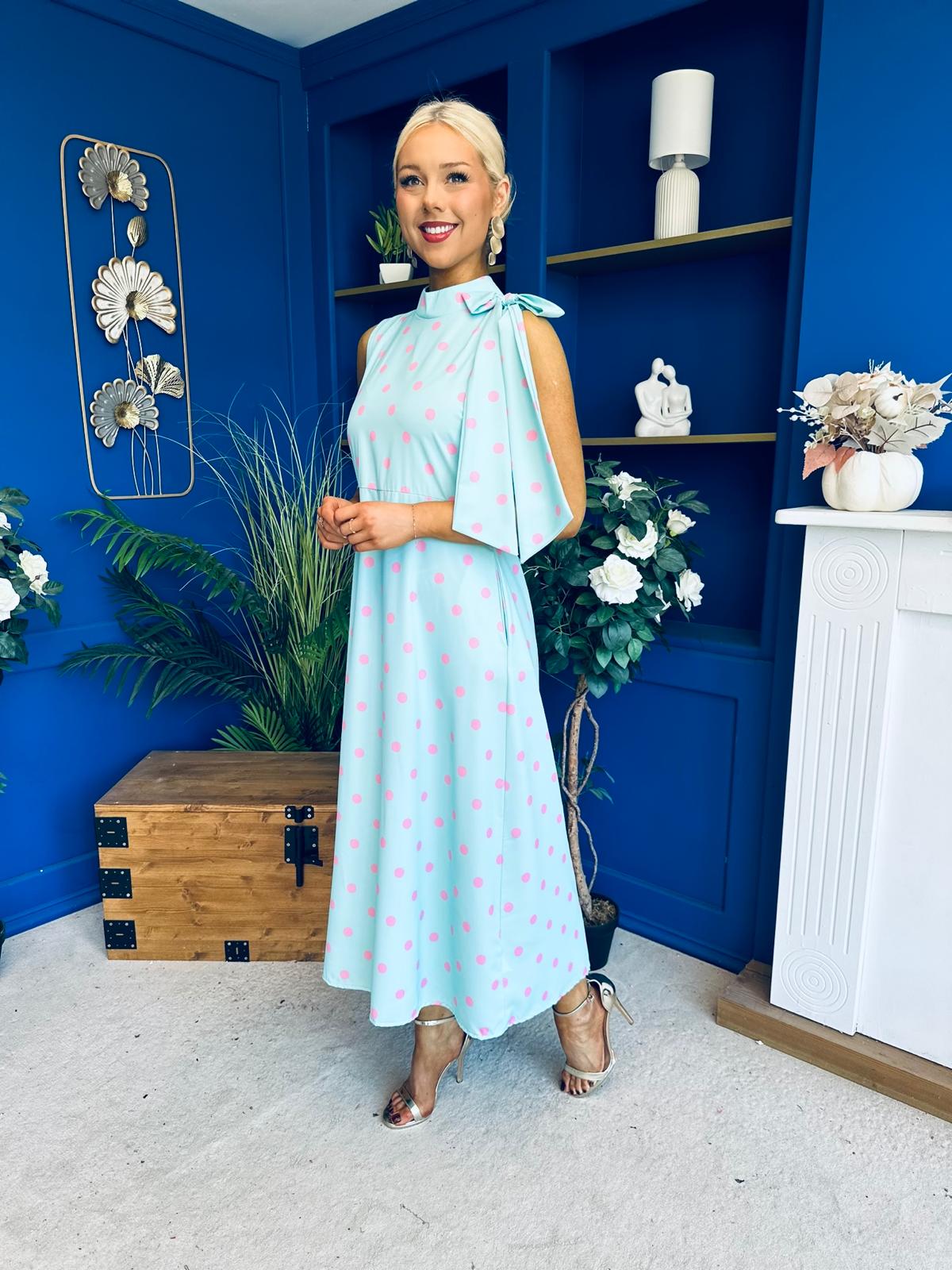 Rita High Neck Bow Detail Midi Dress Polka Green