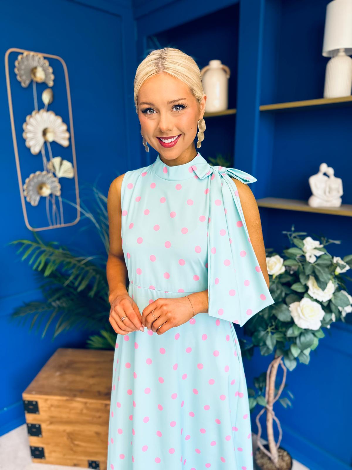 Rita High Neck Bow Detail Midi Dress Polka Green