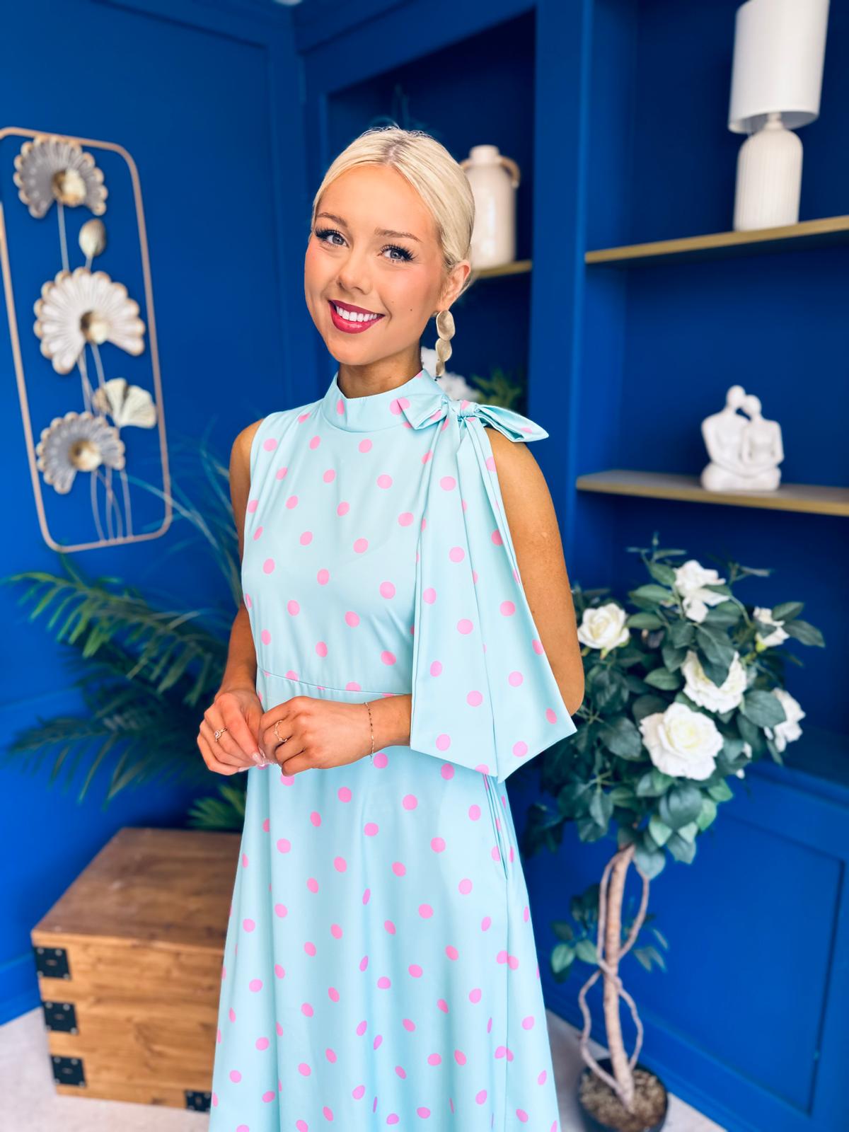 Rita High Neck Bow Detail Midi Dress Polka Green