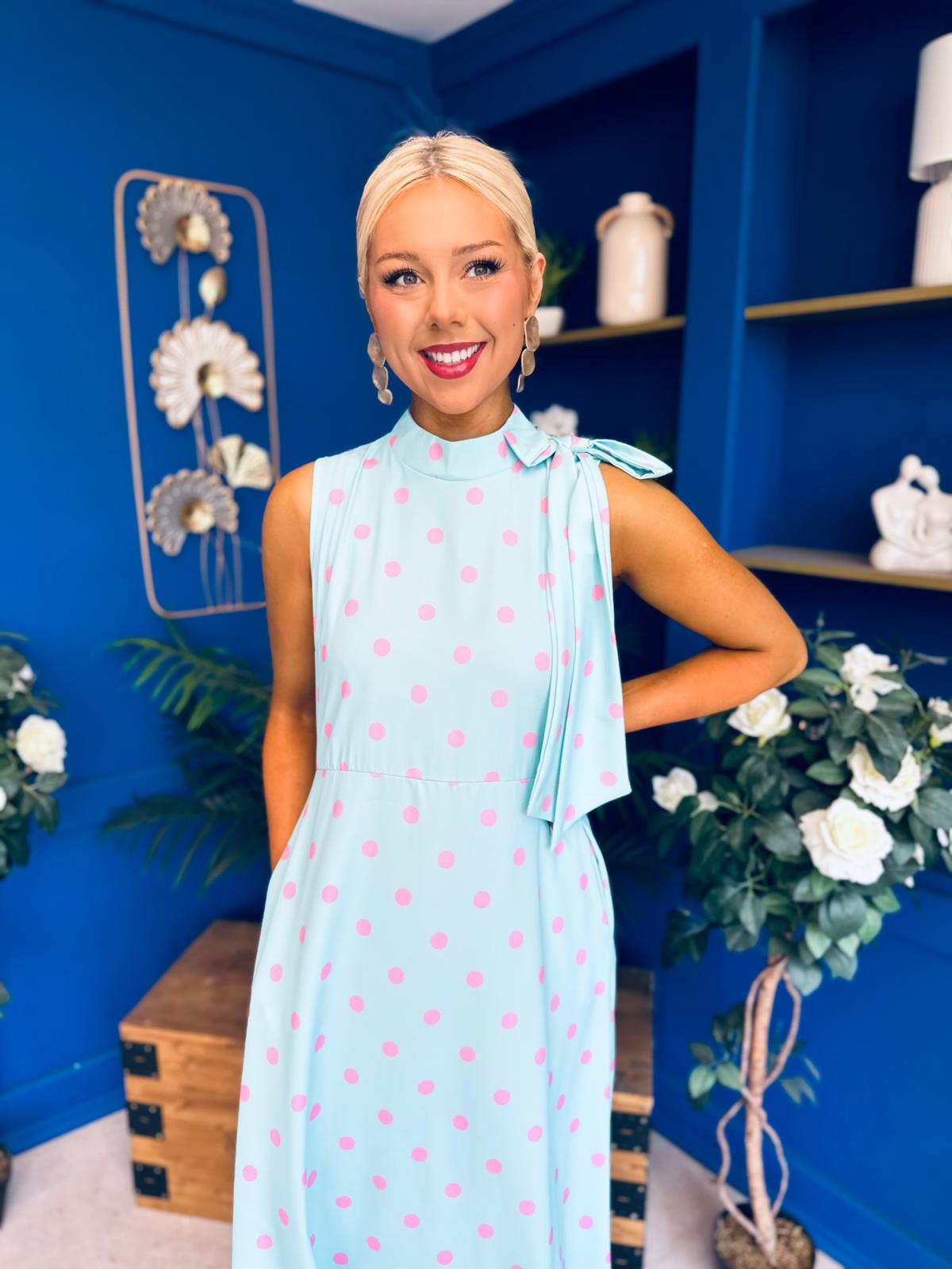 Rita High Neck Bow Detail Midi Dress Polka Green