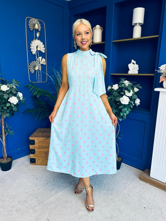 Rita High Neck Bow Detail Midi Dress Polka Green