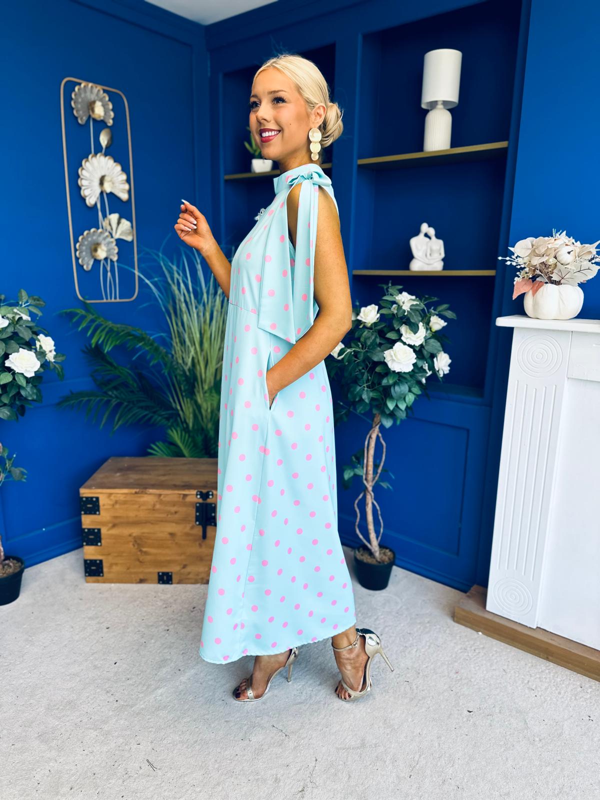 Rita High Neck Bow Detail Midi Dress Polka Green