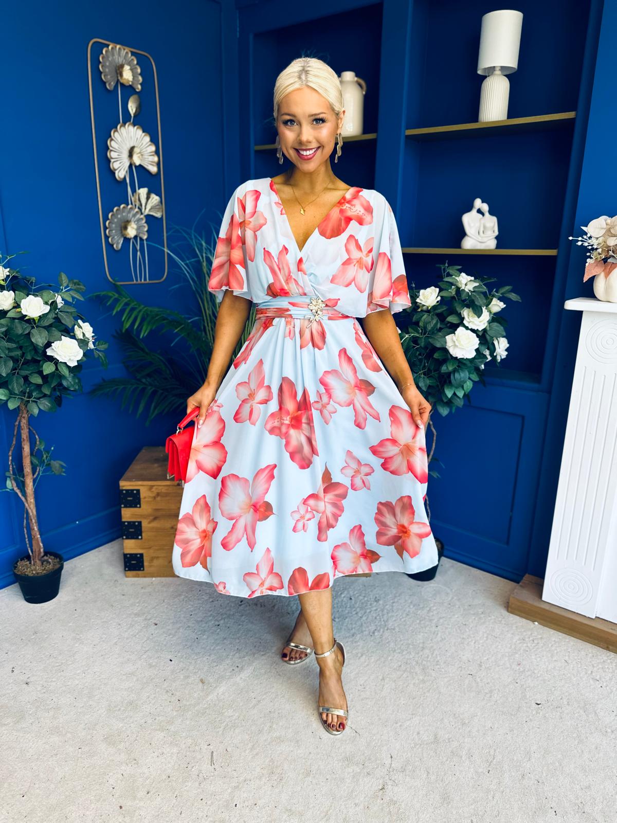 Julia Cape Detailed Midi Dress Floral Sky