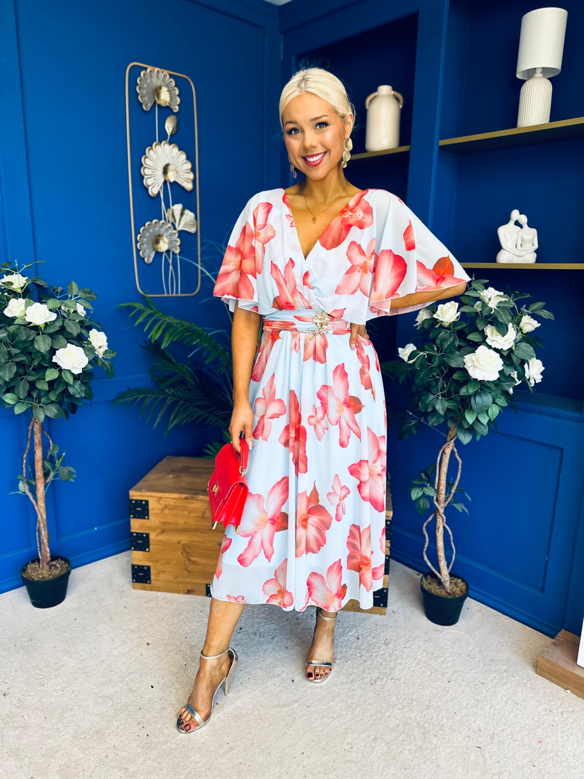 Julia Cape Detailed Midi Dress Floral Sky