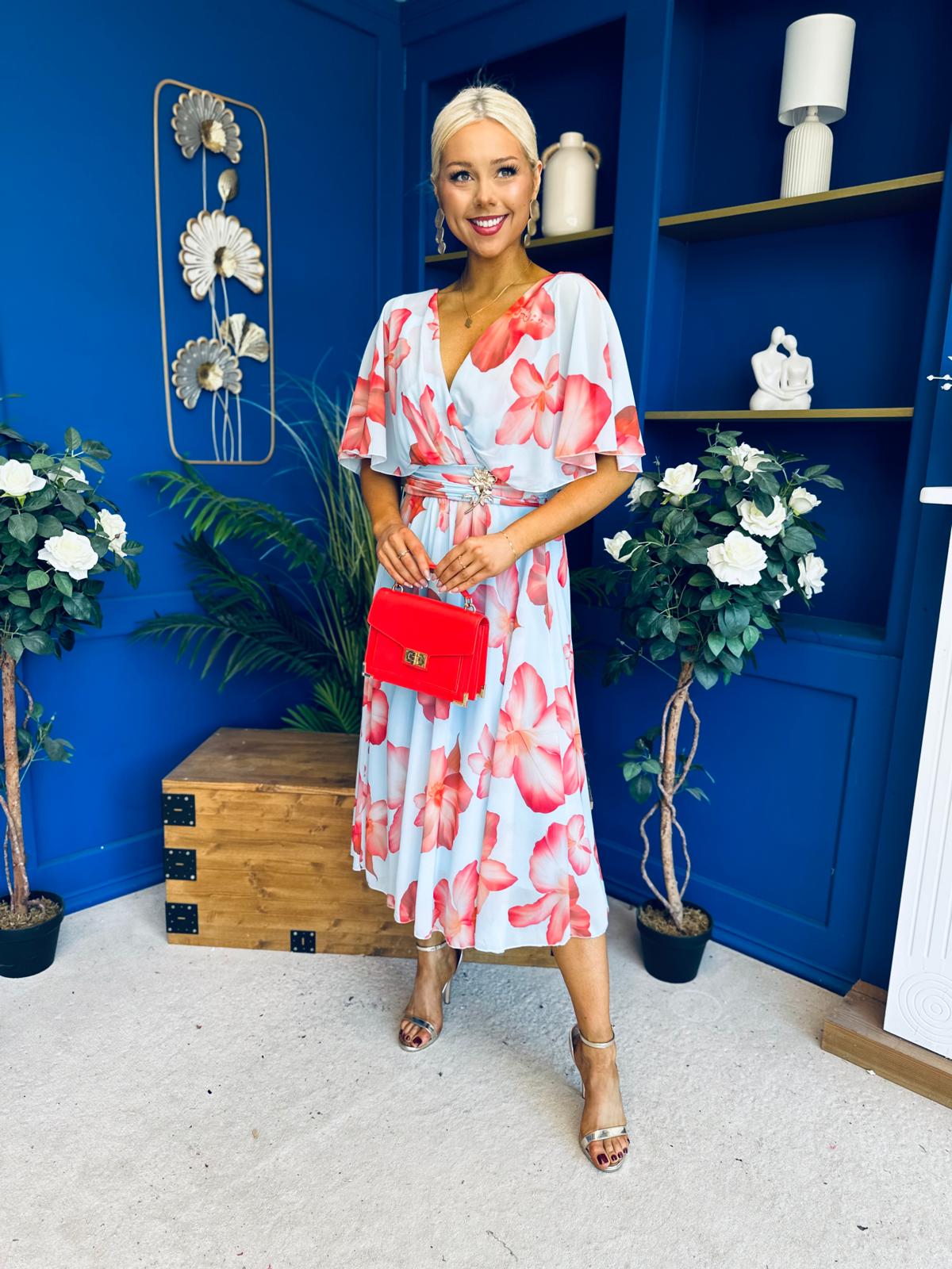 Julia Cape Detailed Midi Dress Floral Sky