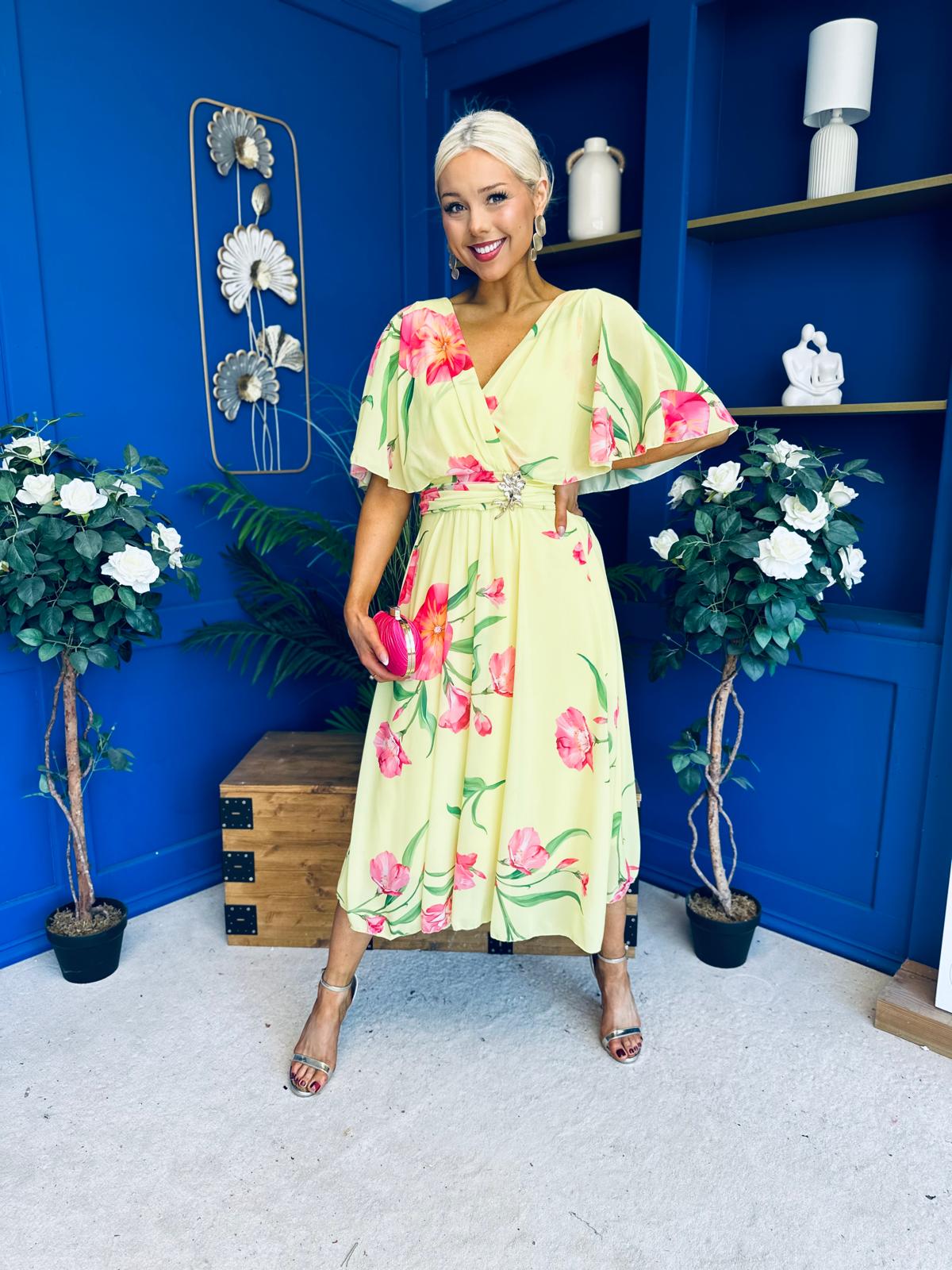 Julia Cape Detailed Midi Dress Floral Canary