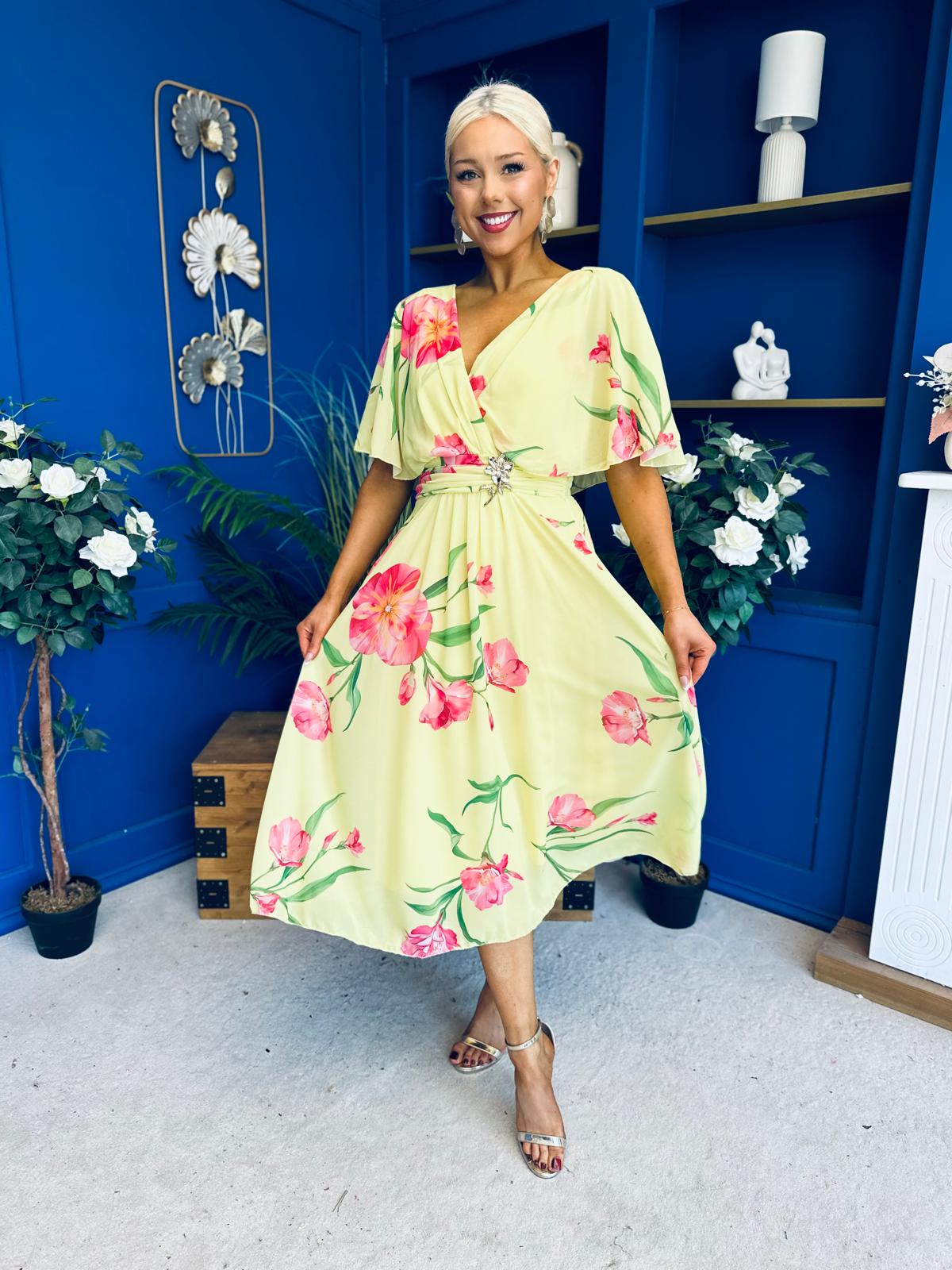 Julia Cape Detailed Midi Dress Floral Canary