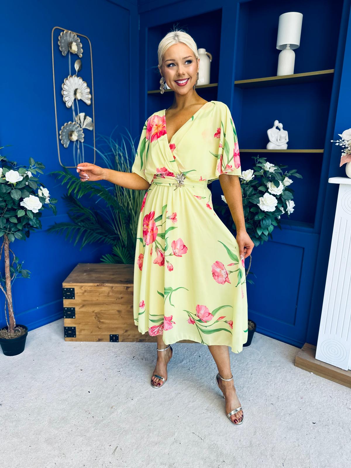 Julia Cape Detailed Midi Dress Floral Canary