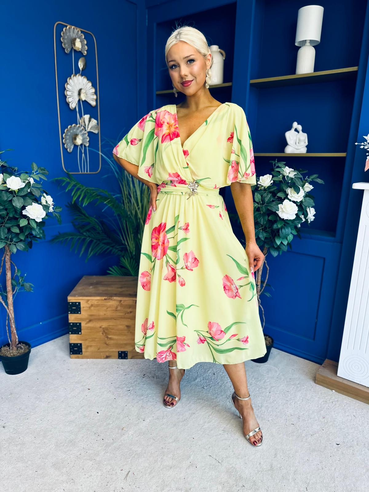Julia Cape Detailed Midi Dress Floral Canary