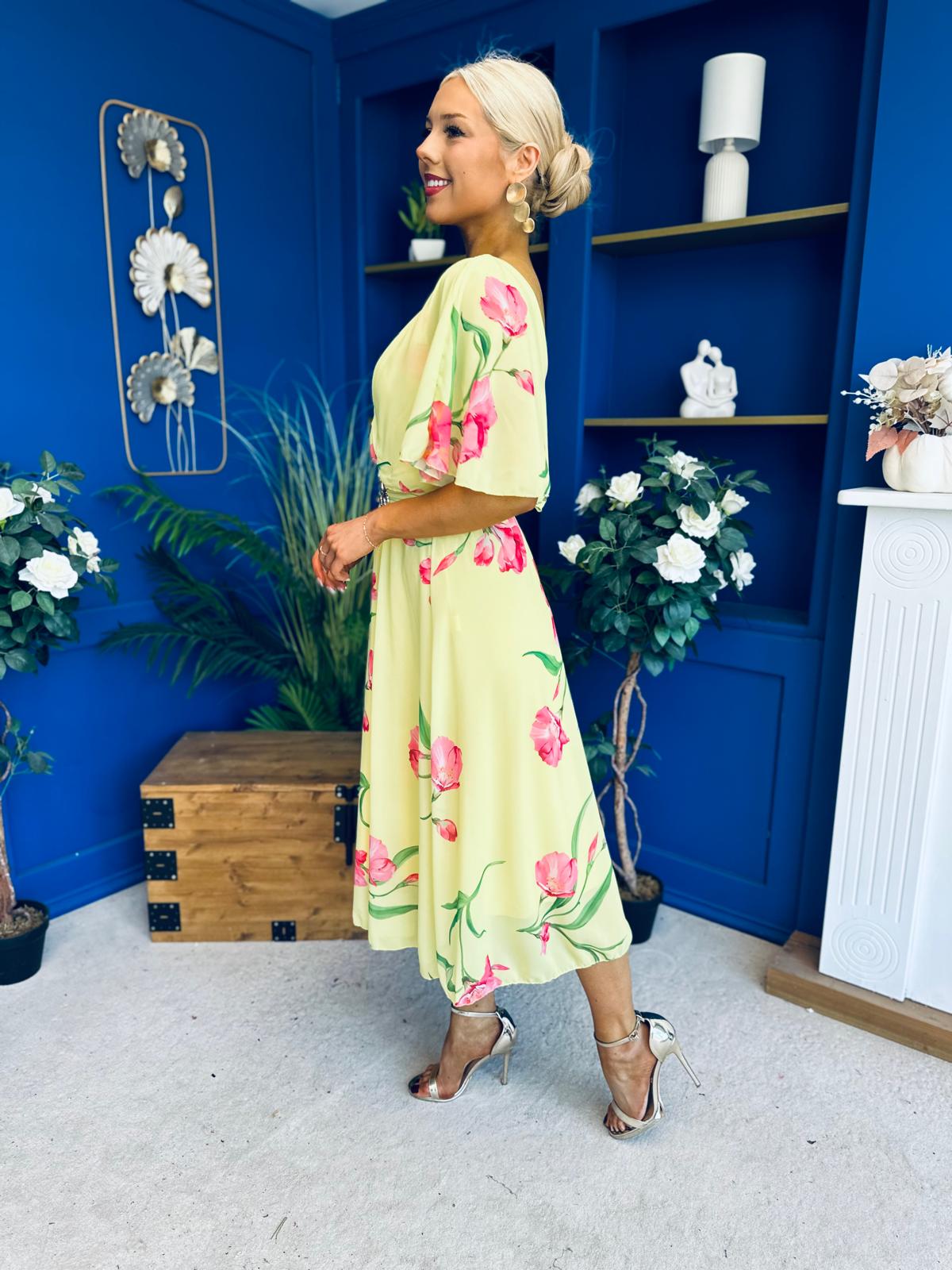 Julia Cape Detailed Midi Dress Floral Canary