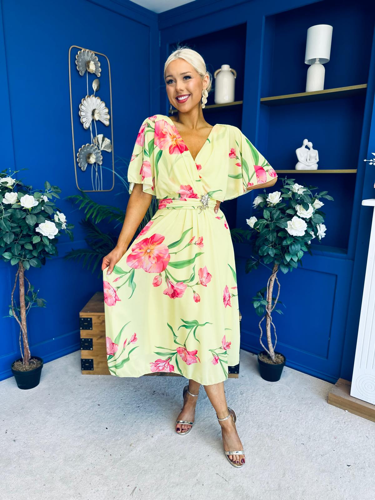 Julia Cape Detailed Midi Dress Floral Canary