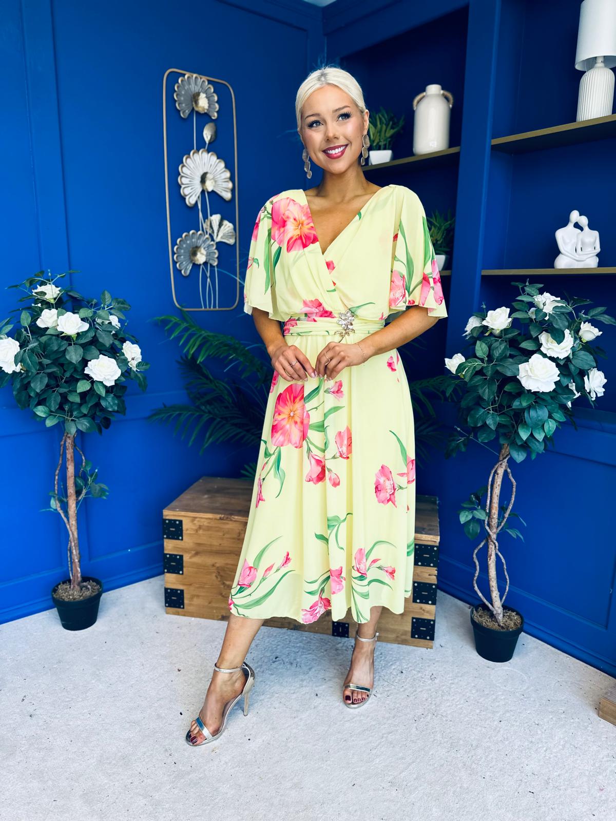 Julia Cape Detailed Midi Dress Floral Canary