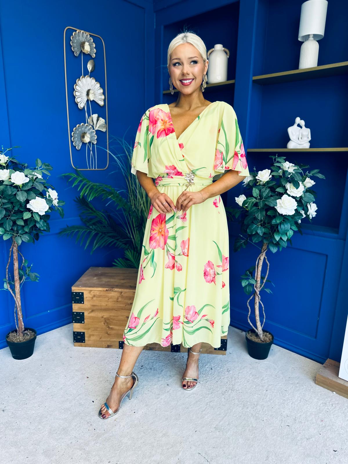 Julia Cape Detailed Midi Dress Floral Canary