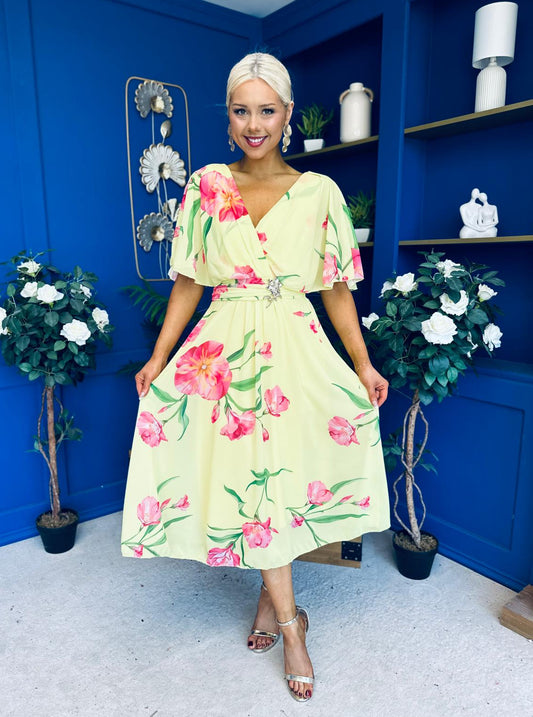 Julia Cape Detailed Midi Dress Floral Canary