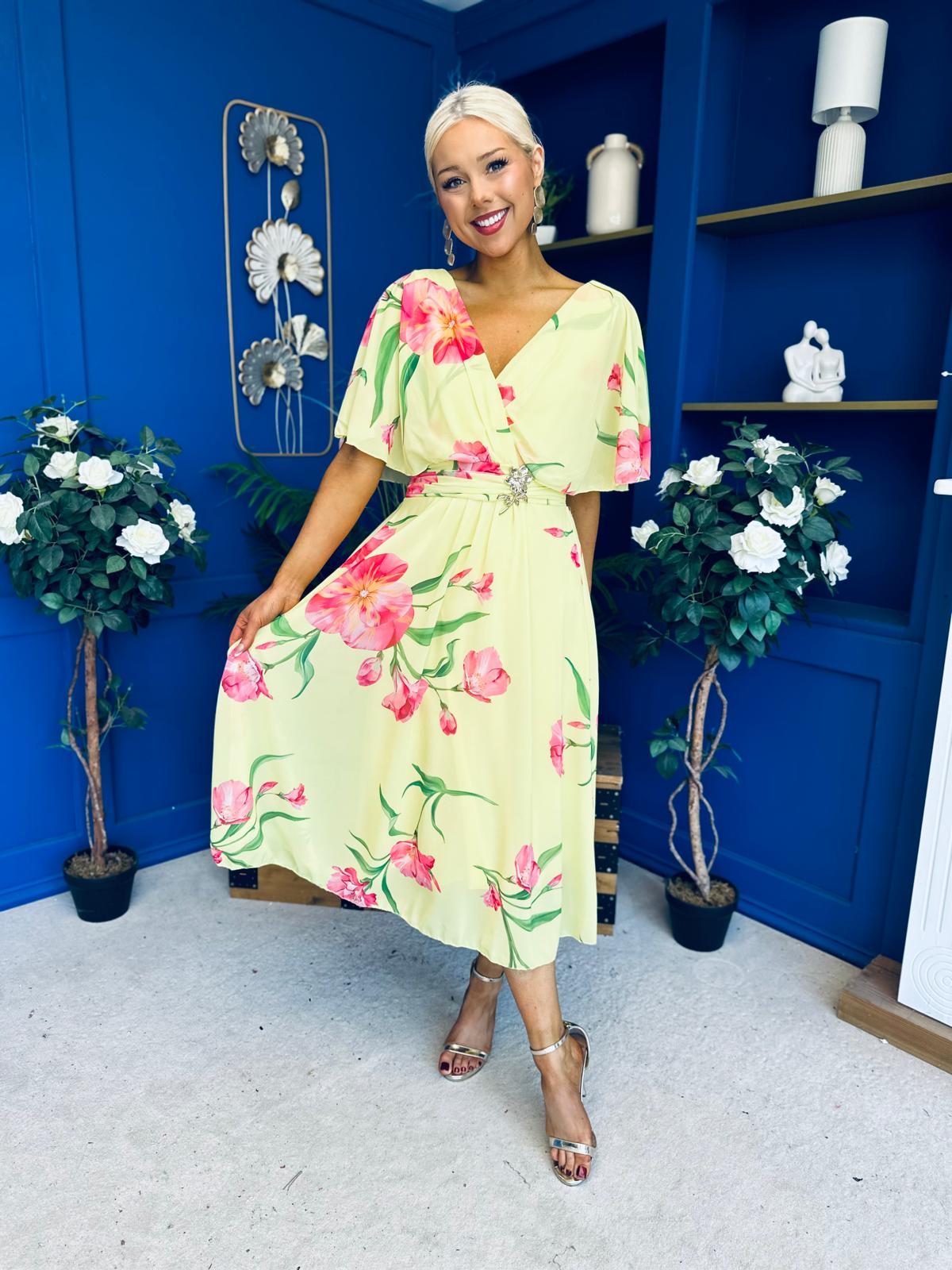 Julia Cape Detailed Midi Dress Floral Canary