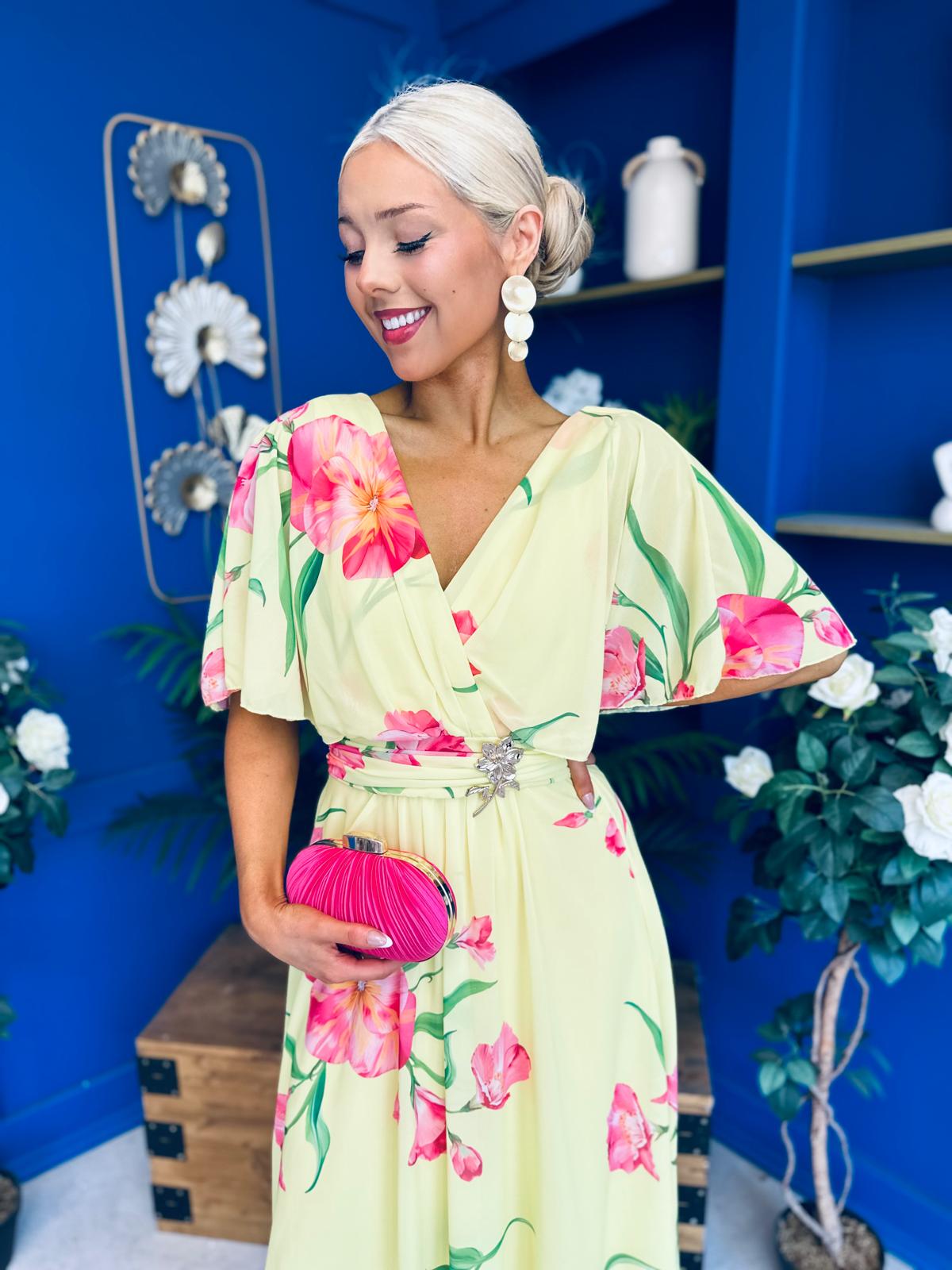 Julia Cape Detailed Midi Dress Floral Canary