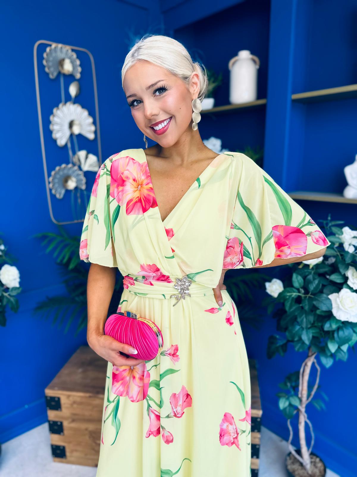 Julia Cape Detailed Midi Dress Floral Canary