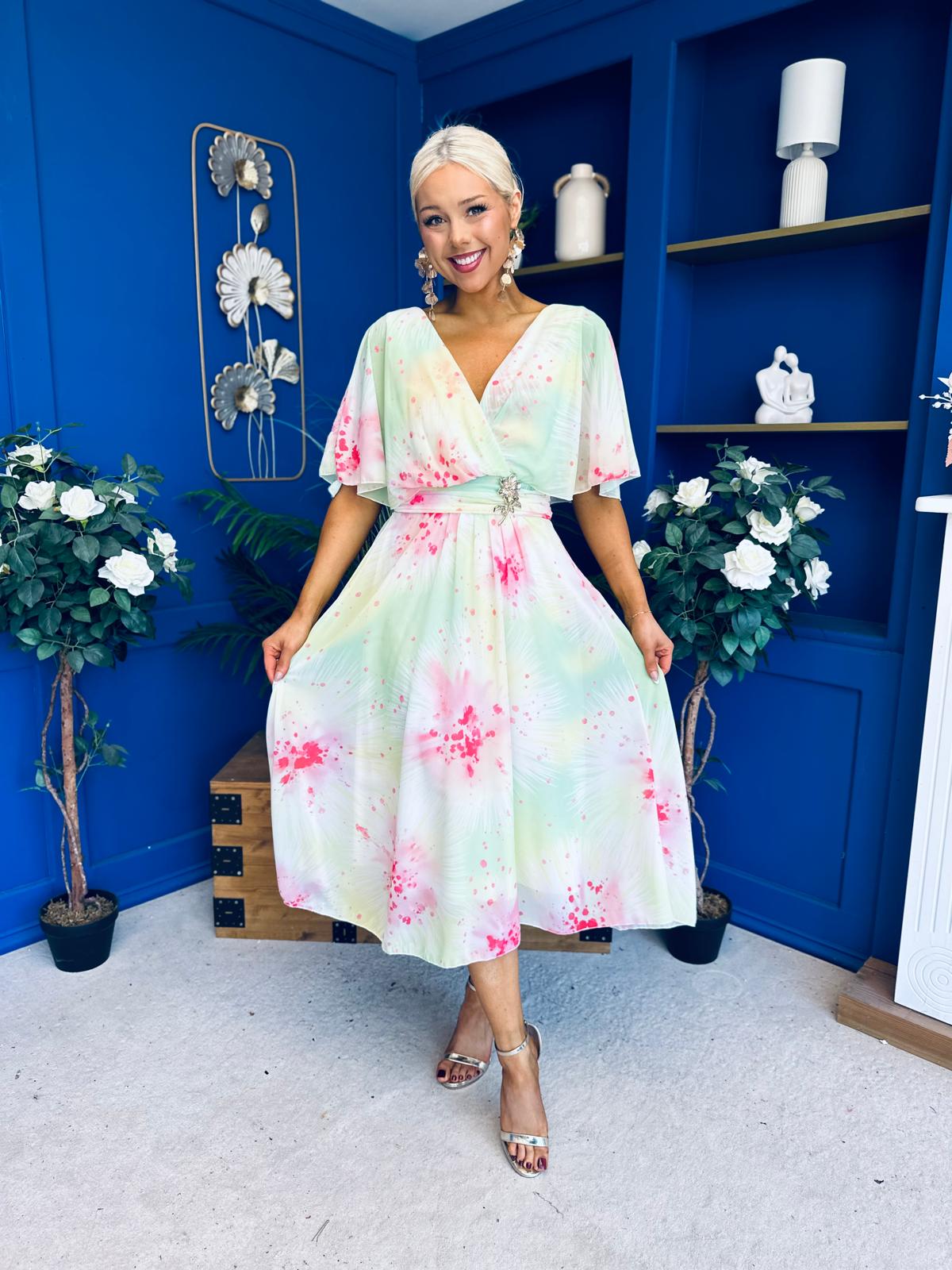 Julia Cape Detailed Midi Dress Floral Lime