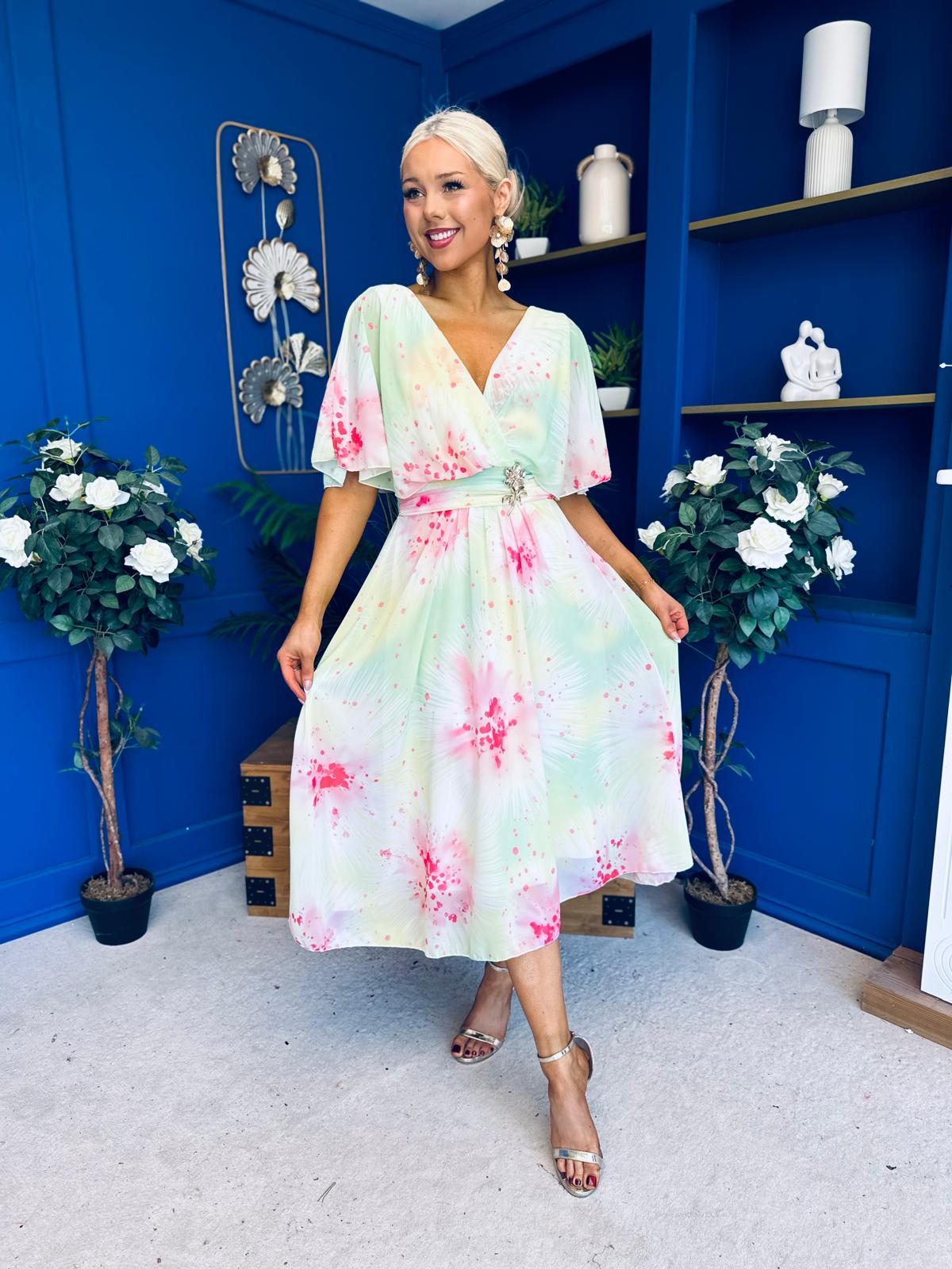 Julia Cape Detailed Midi Dress Floral Lime