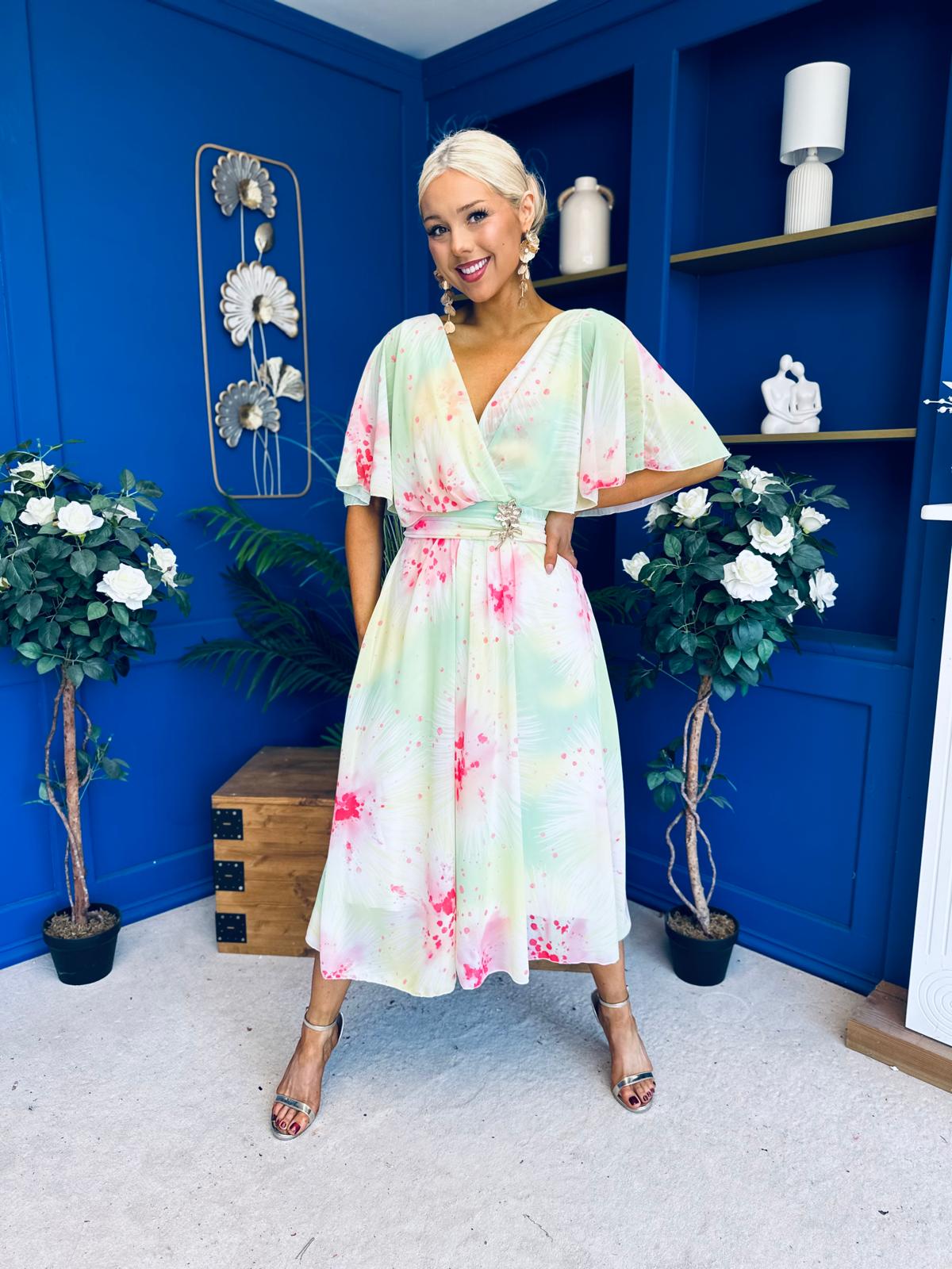 Julia Cape Detailed Midi Dress Floral Lime