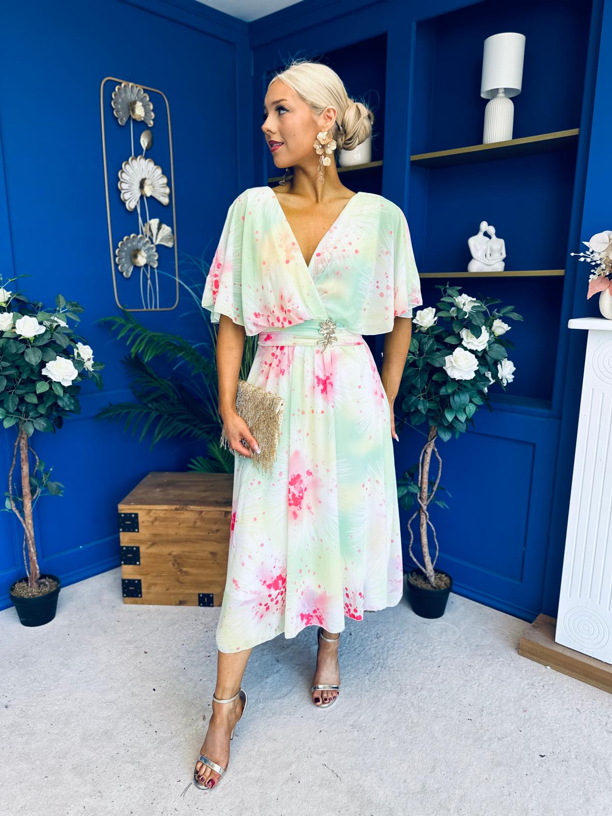 Julia Cape Detailed Midi Dress Floral Lime