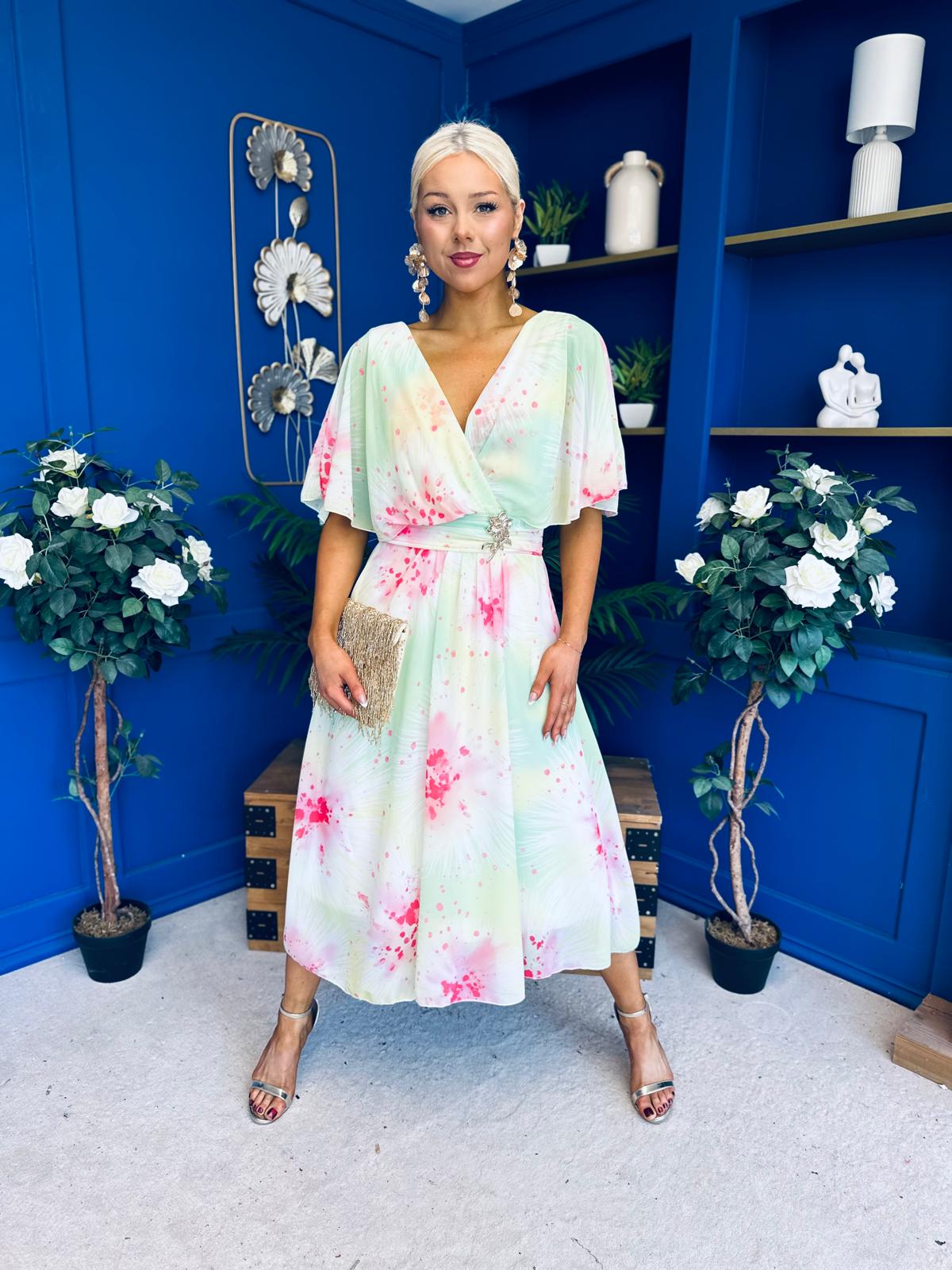 Julia Cape Detailed Midi Dress Floral Lime