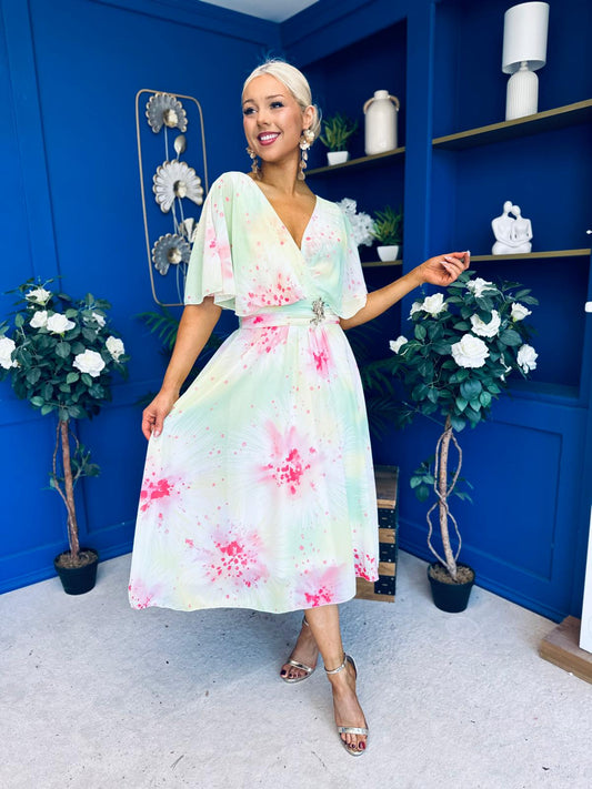 Julia Cape Detailed Midi Dress Floral Lime