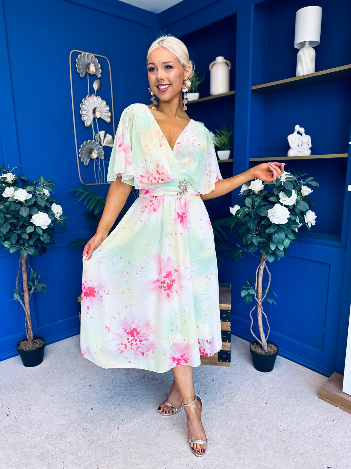 Julia Cape Detailed Midi Dress Floral Lime