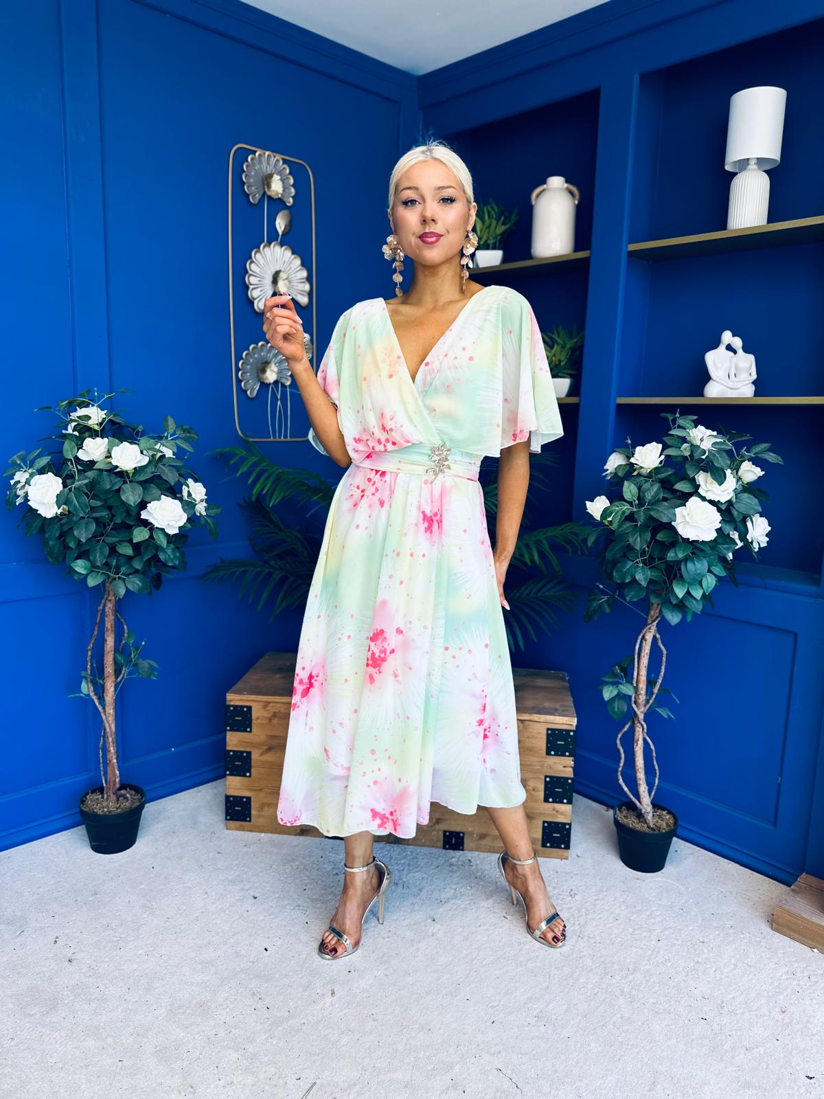 Julia Cape Detailed Midi Dress Floral Lime