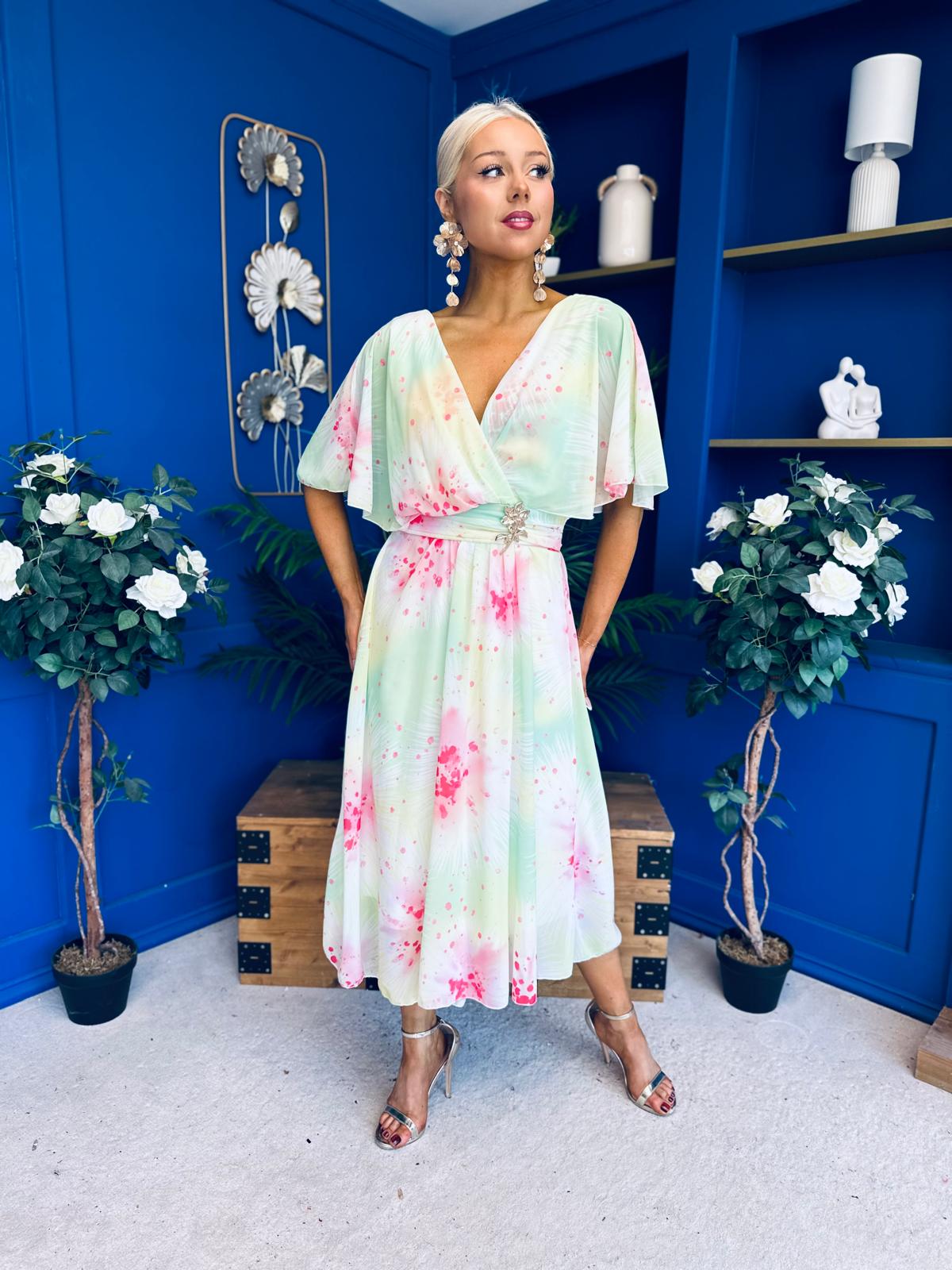 Julia Cape Detailed Midi Dress Floral Lime