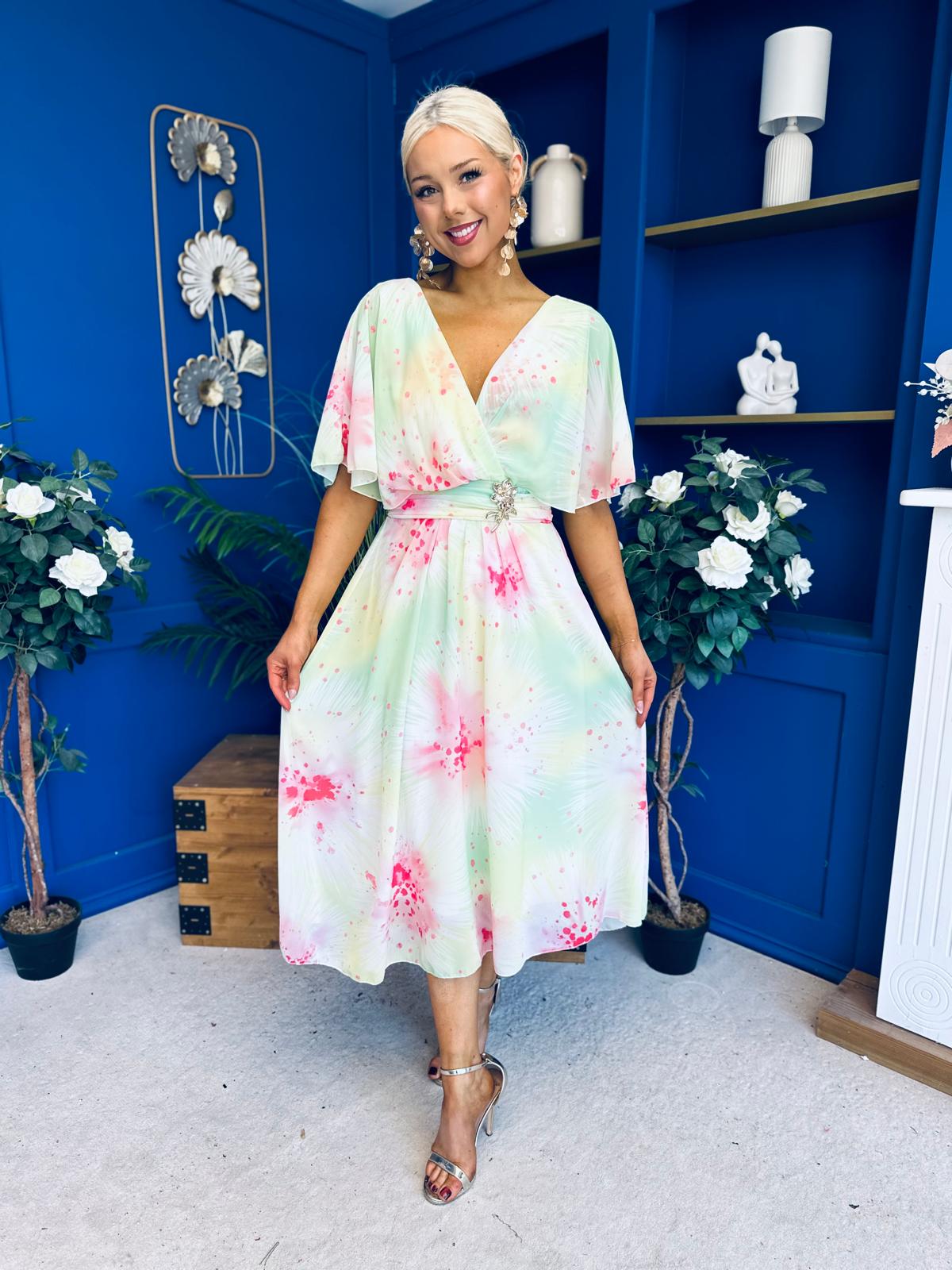 Julia Cape Detailed Midi Dress Floral Lime