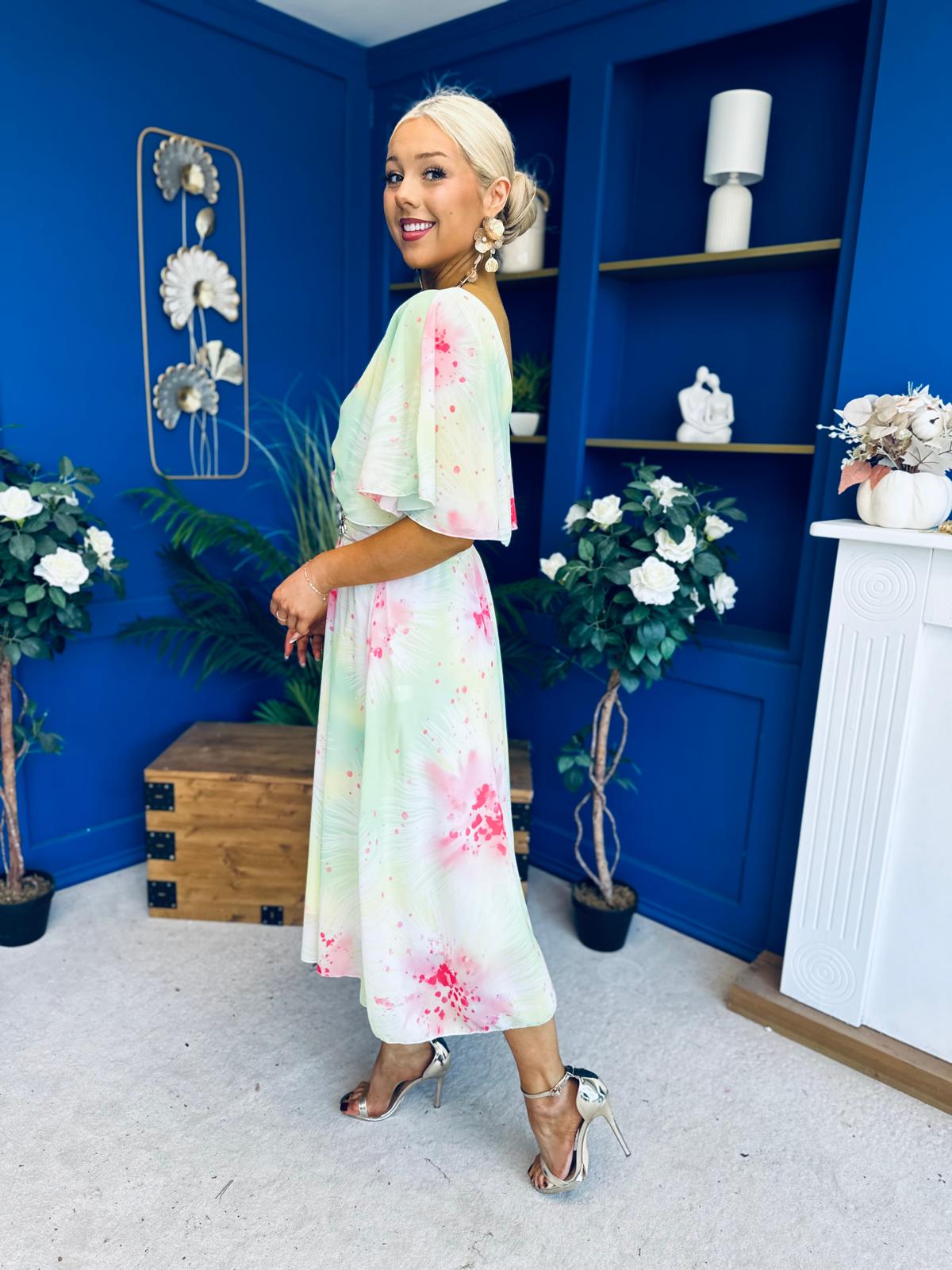 Julia Cape Detailed Midi Dress Floral Lime