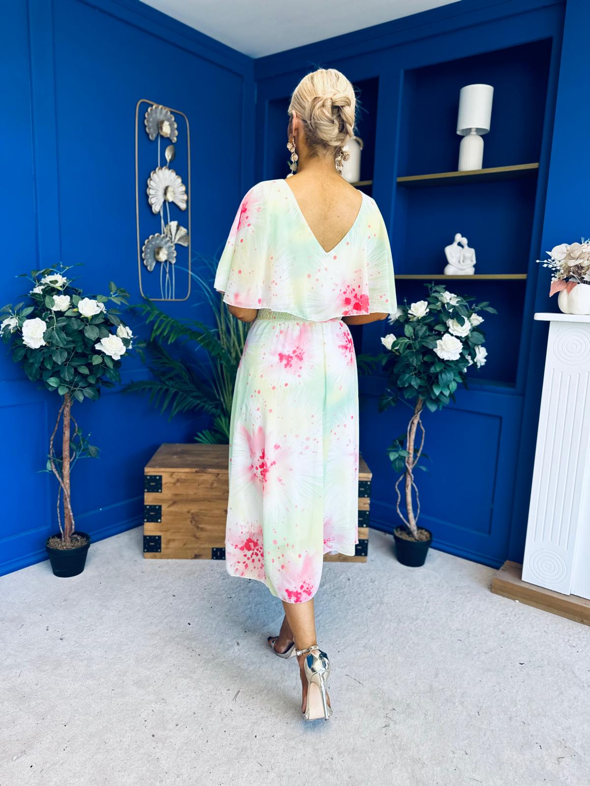 Julia Cape Detailed Midi Dress Floral Lime