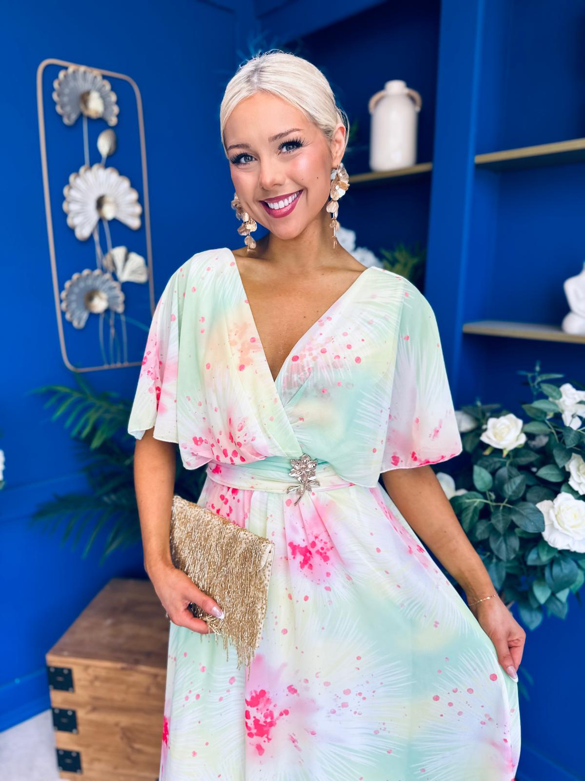 Julia Cape Detailed Midi Dress Floral Lime